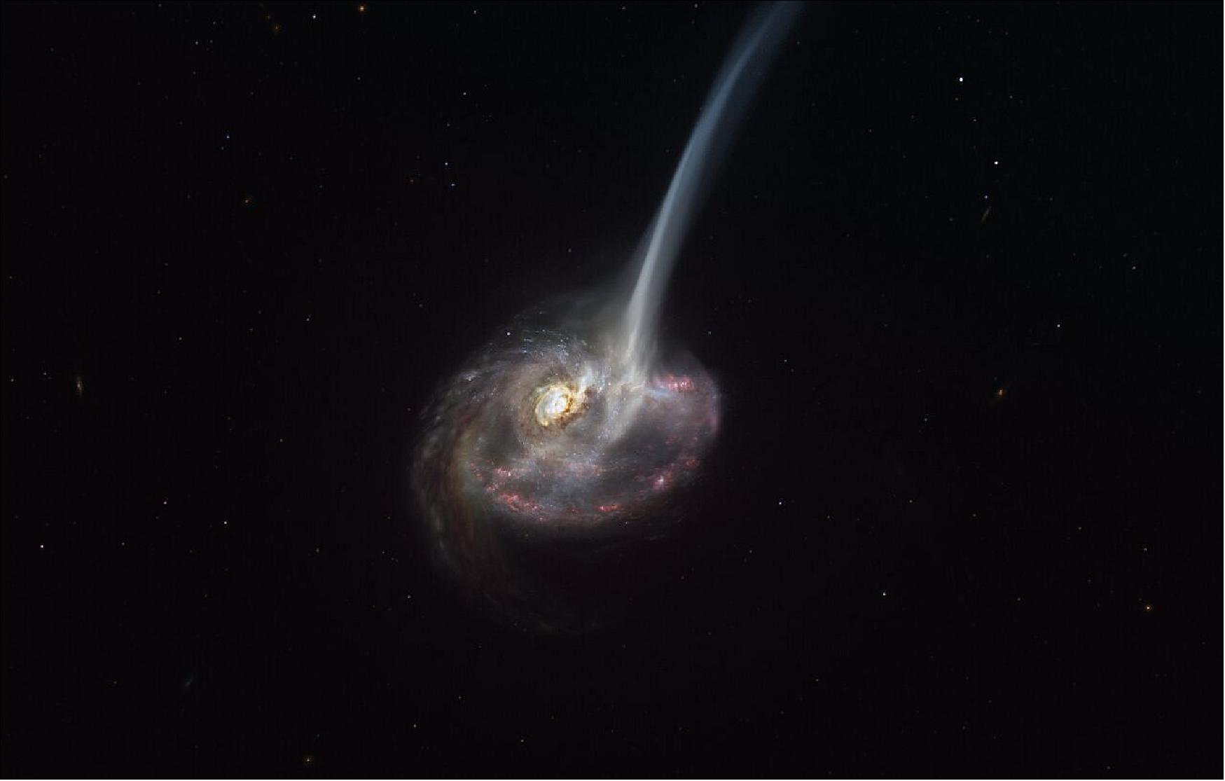 Figure 42: Artist’s representation of the ID2299 galaxy. Galaxies begin to “die” when they stop forming stars, but until now astronomers had never clearly glimpsed the start of this process in a far-away galaxy. Using the Atacama Large Millimeter/submillimeter Array (ALMA), in which the European Southern Observatory (ESO) is a partner, astronomers have seen a galaxy ejecting nearly half of its star-forming gas. This ejection is happening at a startling rate, equivalent to 10 000 Suns-worth of gas a year — the galaxy is rapidly losing its fuel to make new stars. The team believes that this spectacular event was triggered by a collision with another galaxy, which could lead astronomers to rethink how galaxies stop bringing new stars to life (image credit: ESO, M. Kornmesser)