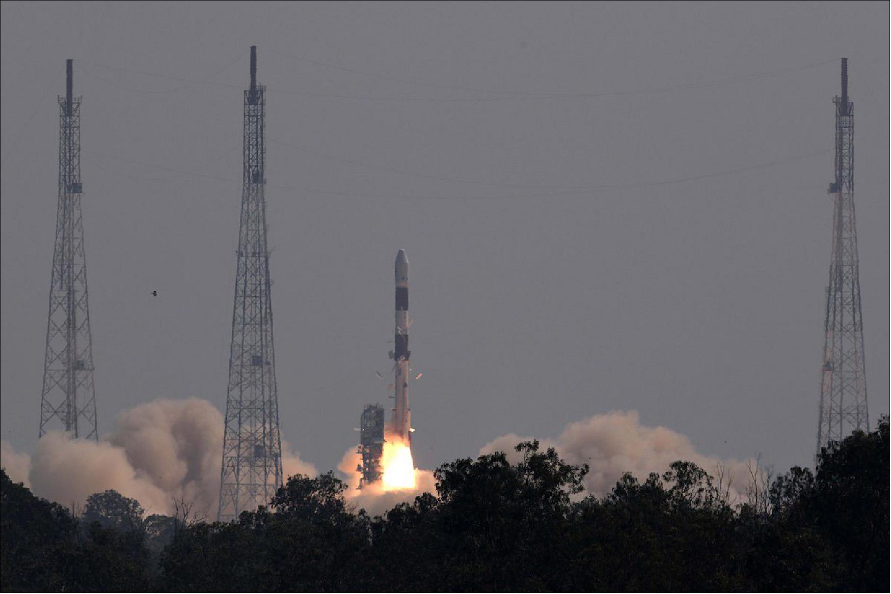 Figure 5: The PSLV (Polar Satellite Launch Vehicle) lifts off from the Satish Dhawan Space Center with the Amazonia 1 satellite and 18 secondary payloads (image credit: ISRO)