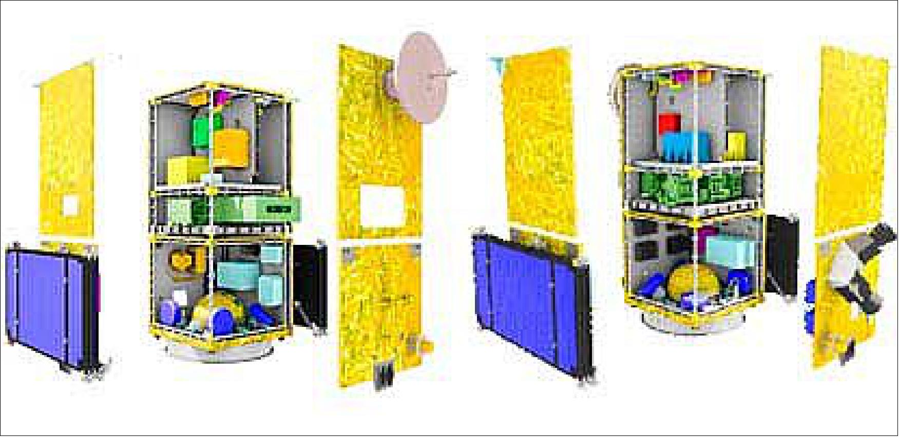 Figure 3: This figure illustrates the Amazonia 1 satellite with its two modules: Multi Mission Platform (Service Module, lower) and the Payload Module (upper part of the satellite). The closing panels are separated to illustrate the internal arrangement of the equipment and subsystems. The solar panel is shown in its stowed position (launch phase configuration), image credit: INPE