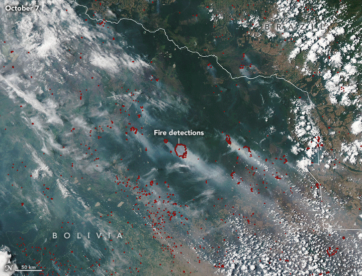 Figure 57: The MODIS instrument on NASA’s Aqua satellite acquired these natural-color images showing smoke streaming from fires in the Chiquitano forest of eastern Bolivia from October 7 to 10, 2020. The red dots are active fire detections—locations where the VIIRS (Visible Infrared Imaging Radiometer Suite) detected unusually warm temperatures associated with fires (image credit: NASA Earth Observatory images by Lauren Dauphin, using MODIS data from NASA EOSDIS/LANCE and GIBS/Worldview and VIIRS data from NASA EOSDIS/LANCE and GIBS/Worldview and the Suomi National Polar-orbiting Partnership. Story by Adam Voiland)