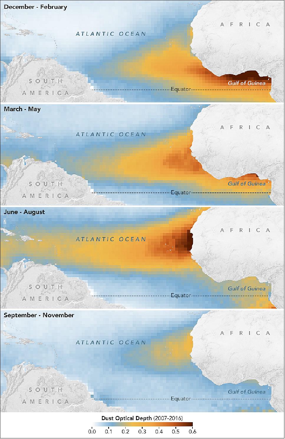 Figure 99: These maps, based on data analyzed by Yu and colleagues, show where the MODIS instrument observed dust moving out from Africa and over the Atlantic Ocean from 2007 to 2016. These optical depth observations are based on the amount of light dust particles scatter and absorb. The measurements capture dust throughout all levels of the atmosphere, not specific altitudes. The maps were first published in 2019 in the Journal of Geophysical Research–Atmospheres (image credit: NASA Earth Observatory, images by Joshua Stevens, using data courtesy of Yu, H., et al. (2019). Story by Adam Voiland)