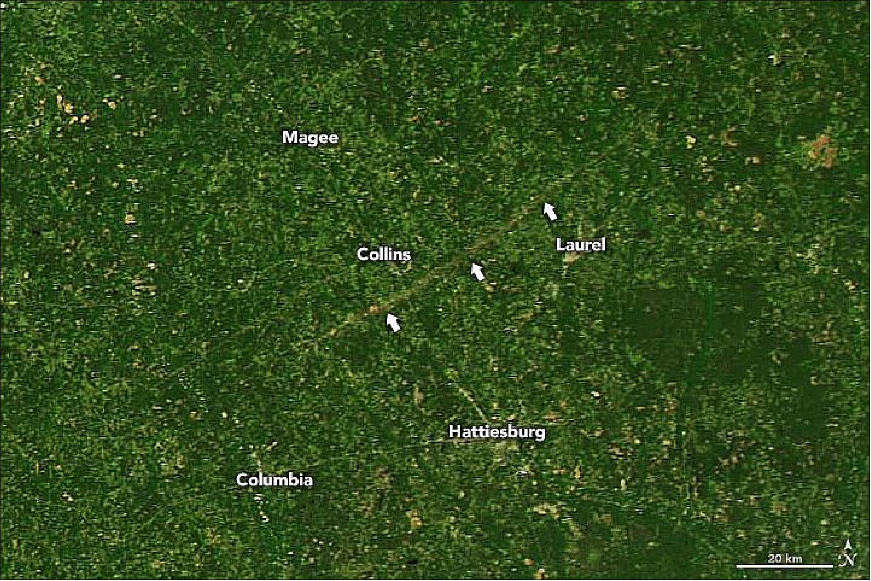 Figure 82: The scar is visible in this natural-color image, acquired on April 14, 2020, with the Moderate Resolution Imaging Spectroradiometer (MODIS) on NASA's Aqua satellite. It shows where the tornado uprooted vegetation and spread debris along a path nearly 70 miles long from Jefferson Davis County to Clarke County in the southeast part in the state of Mississippi. Preliminary reports from the National Weather Service indicate that the storm was an EF4—the second-highest intensity on the Enhanced Fujita scale (image credit: NASA Earth Observatory images by Joshua Stevens, using MODIS data from NASA EOSDIS/LANCE and GIBS/Worldview, and the Level 1 and Atmospheres Active Distribution System (LAADS) and Land Atmosphere Near real-time Capability for EOS (LANCE). Story by Kathryn Hansen)