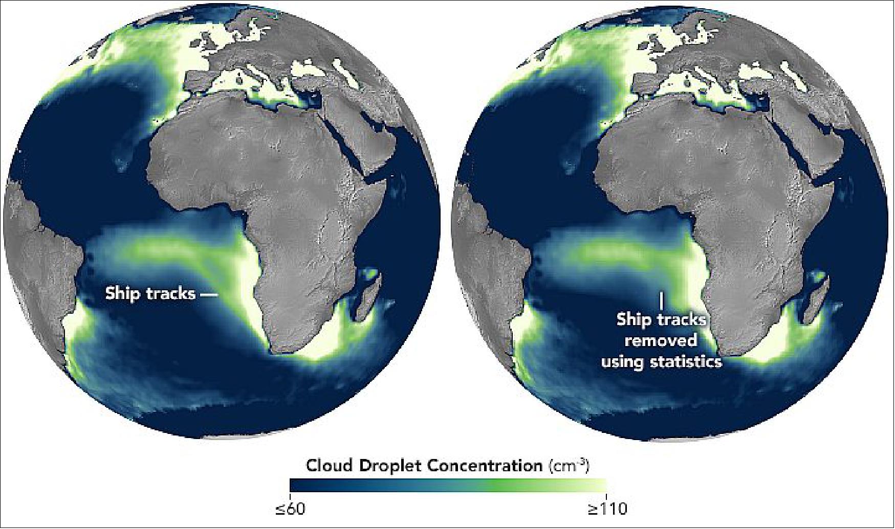 Figure 76: The maps show the average cloud droplet concentrations from 2003 to 2015 during the cloudiest months for the region (September, October, and November). The map on the left shows the cloud droplet concentrations observed by MODIS on NASA's Aqua and Terra satellites. The map on the right shows the expected cloud droplet concentrations without shipping activity. The expected values were calculated based on statistical patterns from nearby, unpolluted areas. The team then calculated the difference in the amount of sunlight reflected back into space between the two scenarios. The team used data from NASA's Clouds and the Earth's Radiant Energy System (CERES) instruments, which monitor the solar energy reflected by Earth and the heat energy emitted by the planet (NASA Earth Observatory, image by Lauren Dauphin, using data from Michael Diamond, et al. (2020). Story by Kasha Patel)
