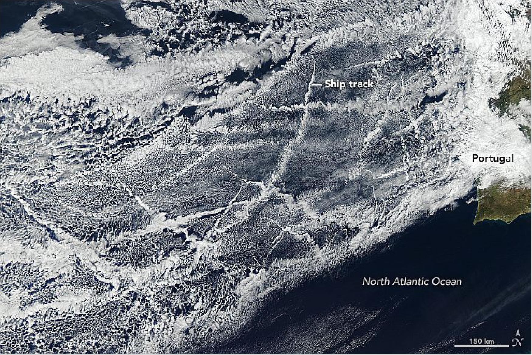 Figure 75: The natural-color image shows an example of ship tracks over the southeast Atlantic Ocean as observed on January 18, 2018, by the Moderate Resolution Imaging Spectroradiometer (MODIS) on NASA's Aqua satellite (image credit: NASA Earth Observatory, image by Lauren Dauphin using MODIS image by Jeff Schmaltz, LANCE/EOSDIS Rapid Response. Story by Kasha Patel)