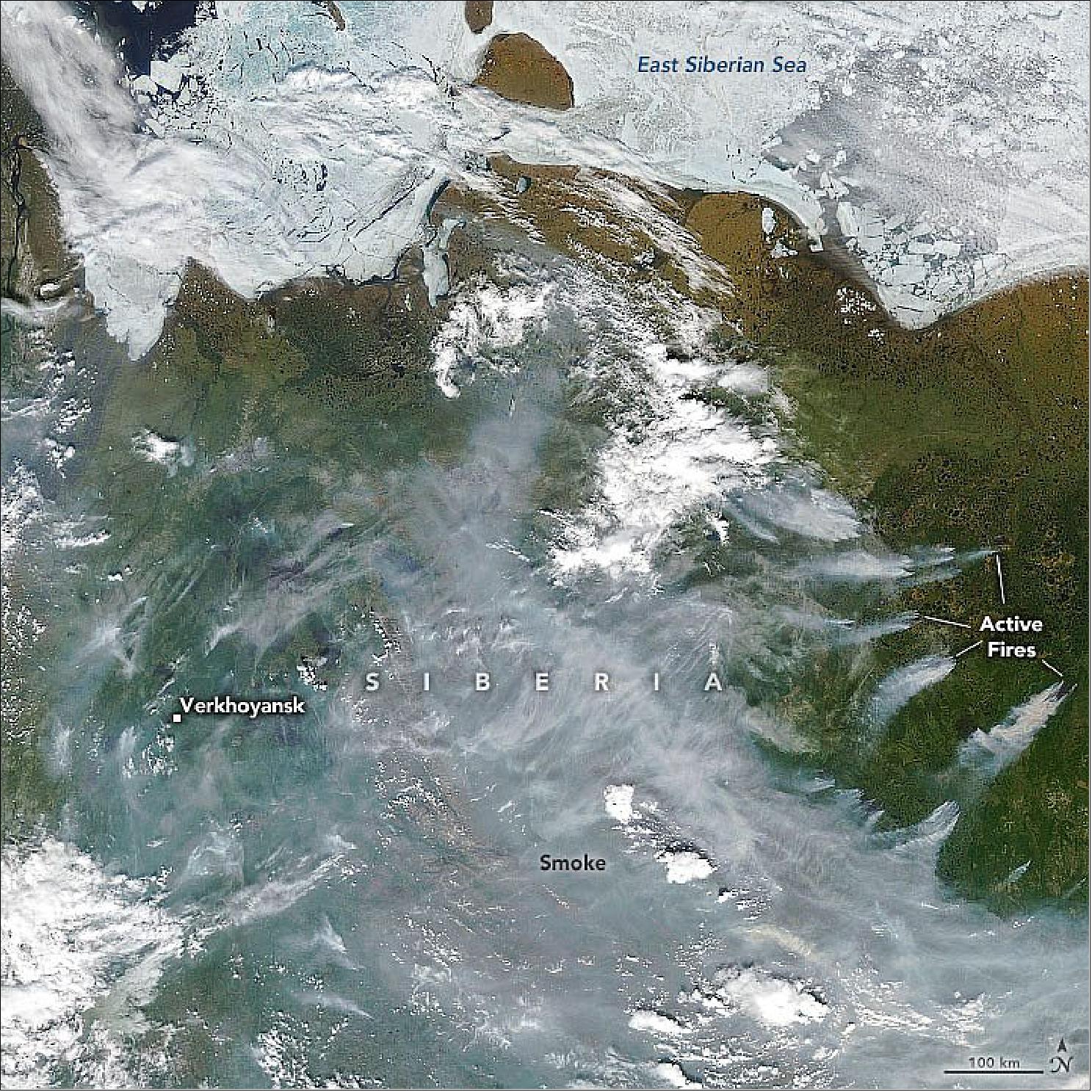 Figure 74: Fires are raging in eastern Siberia in the midst of an unusually long-lived heat wave. This image was acquired on 23 June 2020 (image credit: NASA Earth Observatory)