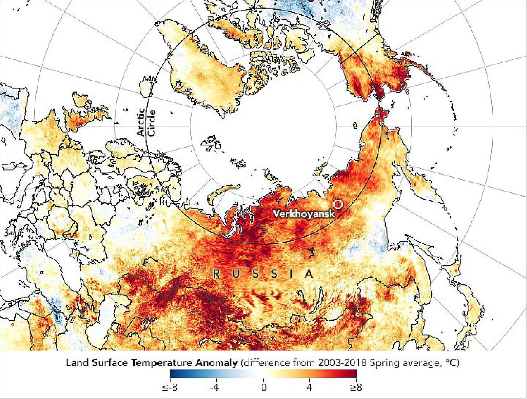 Figure 73: This map shows land surface temperature anomalies from March 19 to June 20, 2020. Red colors depict areas that were hotter than average for the same period from 2003-2018; blues were colder than average. The map is based on data from the MODIS instrument on NASA's Aqua satellite (image credit: NASA Earth Observatory images by Joshua Stevens, using data from the Level 1 and Atmospheres Active Distribution System (LAADS) and Land Atmosphere Near real-time Capability for EOS (LANCE), and data from NASA EOSDIS/LANCE and GIBS/Worldview and the Suomi NPP. Story by Adam Voiland)