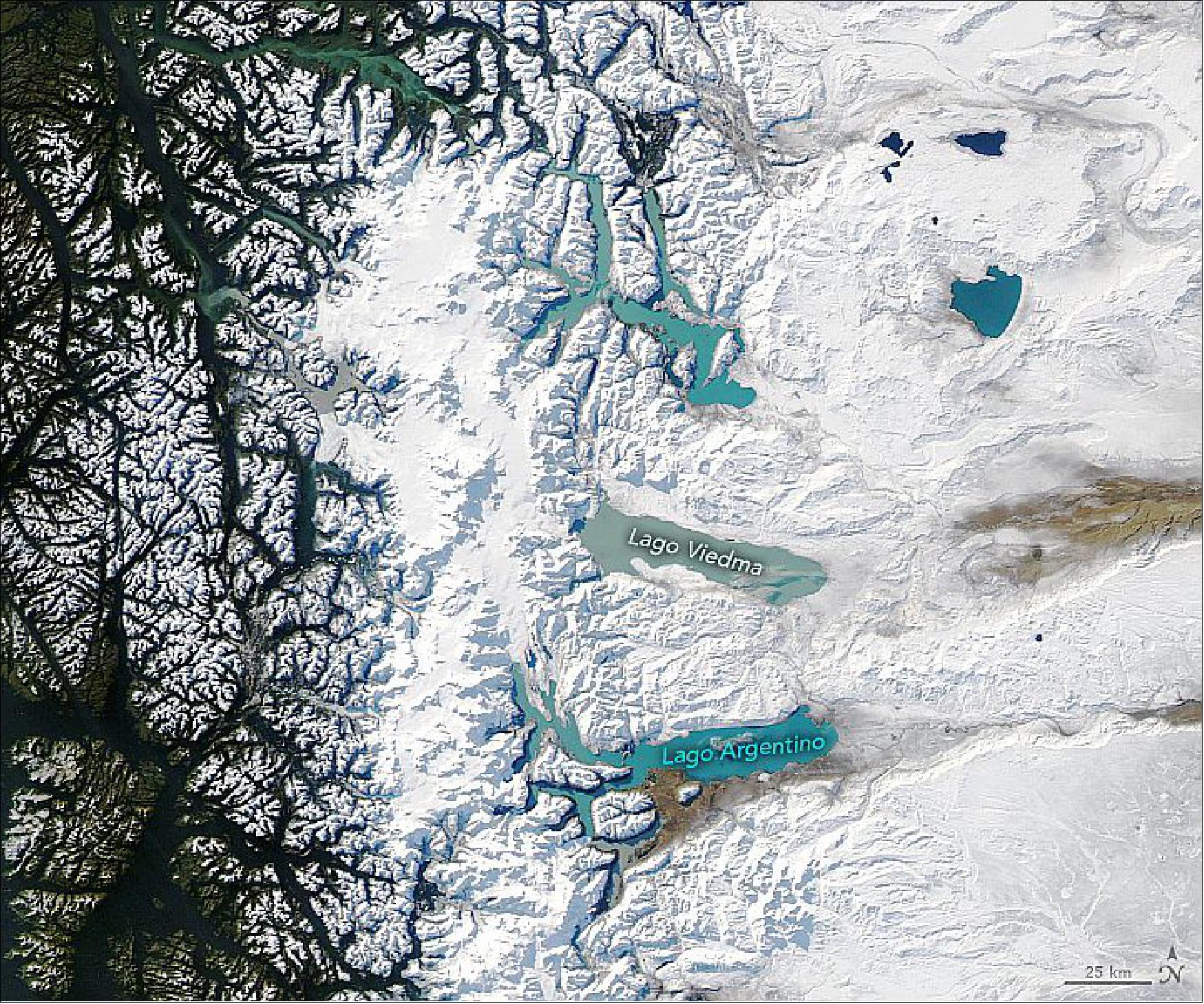 Figure 72: Detail image of Aqua MODIS on 26 June 2020 of Patagonian lakes (image credit: NASA Earth Observatory)