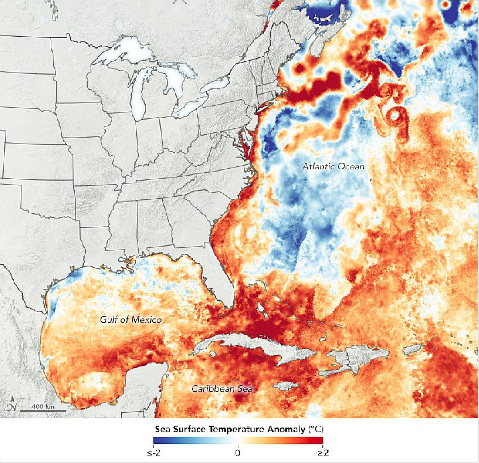Figure 69: This map shows sea surface temperature anomalies for the same day, indicating how much the water was above or below the long-term average (2003-2014) temperature for July 14. The data come from the Multiscale Ultrahigh Resolution Sea Surface Temperature (MUR SST) project, based at NASA's Jet Propulsion Laboratory. MUR SST blends measurements of sea surface temperatures from multiple NASA, NOAA, and international satellites, as well as ship and buoy observations (image credit: NASA Earth Observatory)