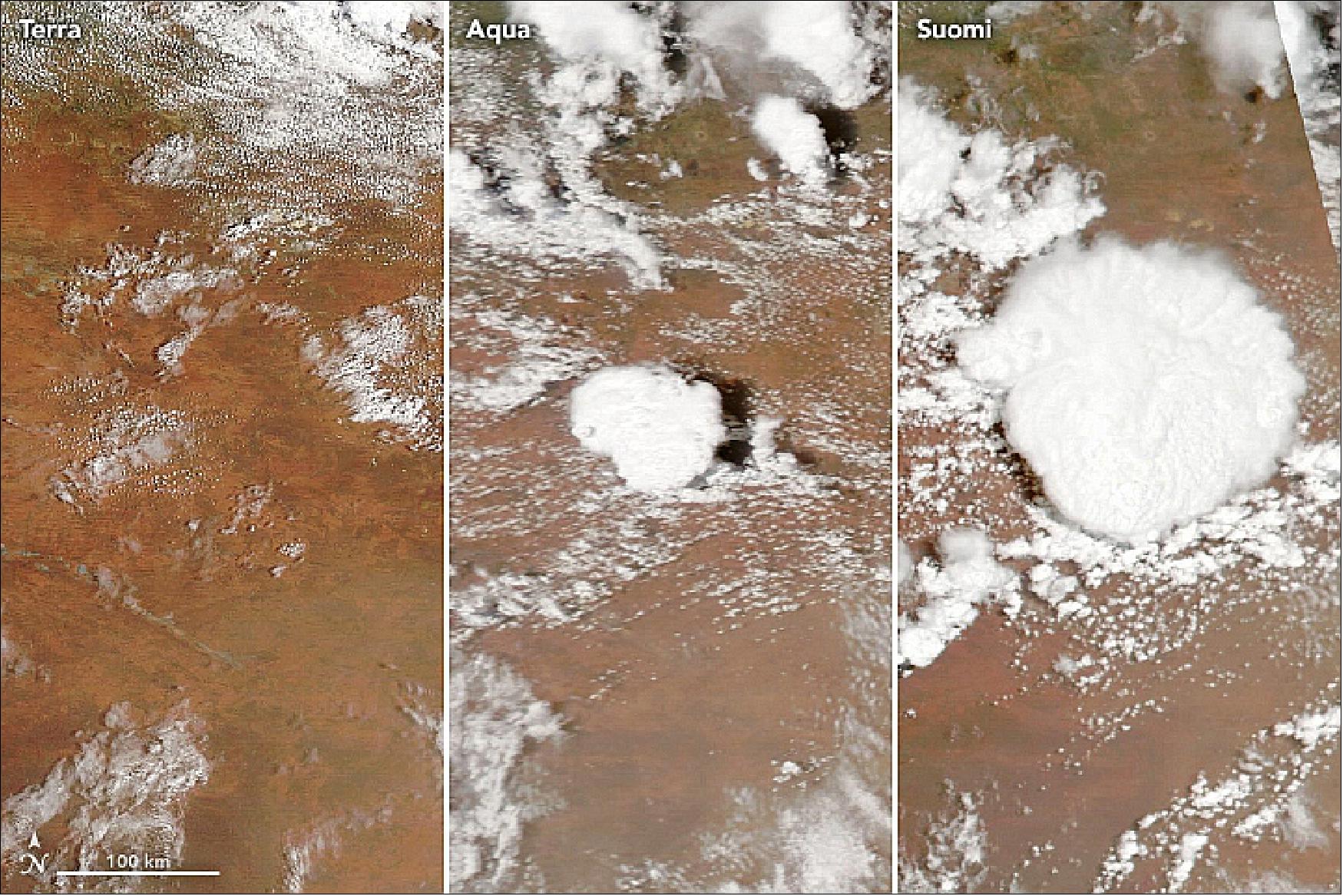 Figure 98: These images show the evolution of a storm over Western Australia on January 14, 2020. Morning skies appear clear in the left image, acquired around 11 a.m. local time. The storm starts growing in the afternoon at about 1 p.m. (middle) and even larger an hour later (right image). The natural-color images were acquired (from left to right) with the Moderate Resolution Imaging Spectroradiometer (MODIS) on NASA's Terra satellite; MODIS on NASA's Aqua satellite, and the Visible Infrared Imaging Radiometer Suite (VIIRS) on the NOAA-NASA Suomi NPP satellite (image credit: NASA Earth Observatory image by Lauren Dauphin, using MODIS data from NASA EOSDIS/LANCE and GIBS/Worldview and VIIRS data from NASA EOSDIS/LANCE and GIBS/Worldview and the Suomi National Polar-orbiting Partnership. Story by Kathryn Hansen)