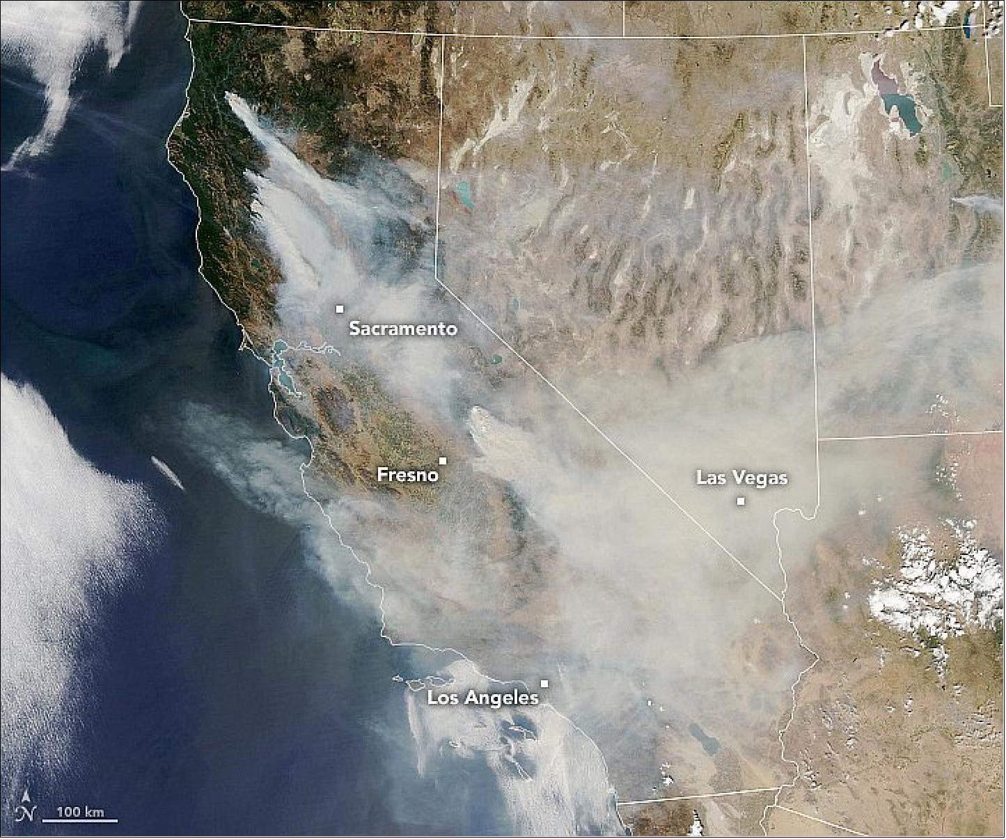 Figure 62: When the Aqua and NOAA-20 satellites acquired these images on September 7, 2020, smoke filled the skies across several states. In a few instances, fires grew so hot that they created pyrocumulus "fire clouds" that lofted columns of smoke several miles into the atmosphere. Thick smoke triggered warnings of unhealthy air quality in the region (image credit: NASA Earth Observatory, images by Lauren Dauphin, using MODIS and VIIRS data from NASA EOSDIS/LANCE and GIBS/Worldview. Story by Adam Voiland)