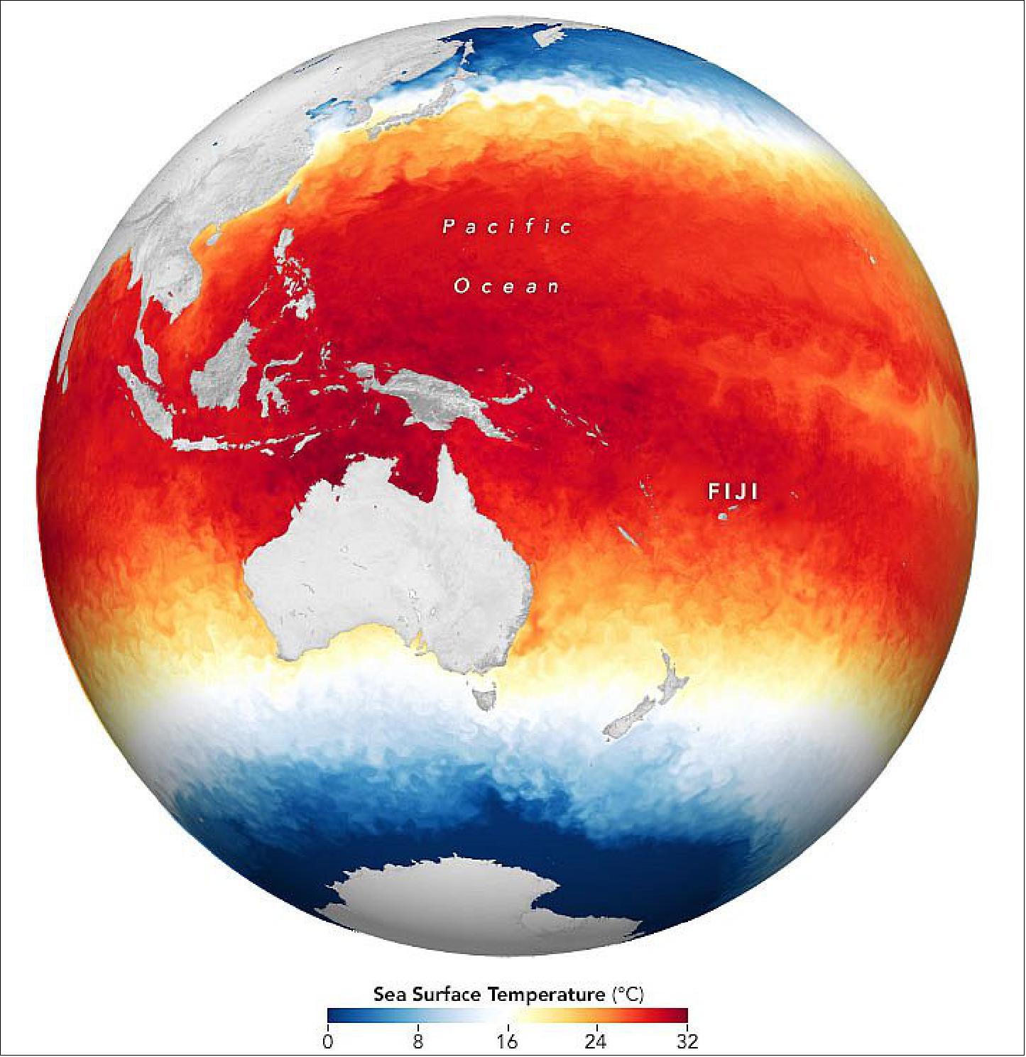 Figure 53: Yasa has had plenty of fuel for growth, as the storm developed and evolved over warm South Pacific waters known to fuel cyclonic storms. The map shows sea surface temperatures (SSTs) in the region as measured on December 15, 2020. Scientists have established that ocean temperatures should be at or above 27º Celsius (80º Fahrenheit)—red on the map—to sustain a cyclone or hurricane. The SST data come from the Multiscale Ultrahigh Resolution Sea Surface Temperature (MUR SST) project. MUR SST blends measurements of sea surface temperatures from multiple NASA, NOAA, and international satellites, as well as ship and buoy observations (image credit: NASA Earth Observatory)