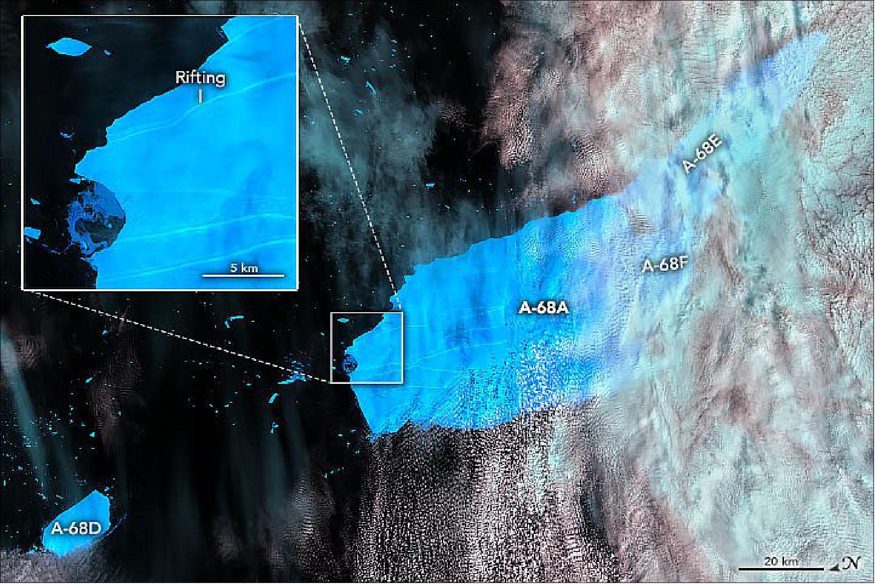 Figure 51: NASA's MODIS instruments also captured daily images of the berg, some of which you can see in this time-lapse sequence. Iceberg A-68A is still a behemoth iceberg, but it is changing fast. During the berg’s turn, a piece broke off and became iceberg A-68D. On December 22, the U.S. National Ice Center announced that two more large pieces broke away: icebergs A-68E and A-68F. The pieces are visible in the image, acquired on December 23, 2020, by OLI on Landsat-8. The image is false-color (bands 6-5-4) to help differentiate clouds (light blue-white) and ice (dark blue), image credit: NASA Earth Observatory