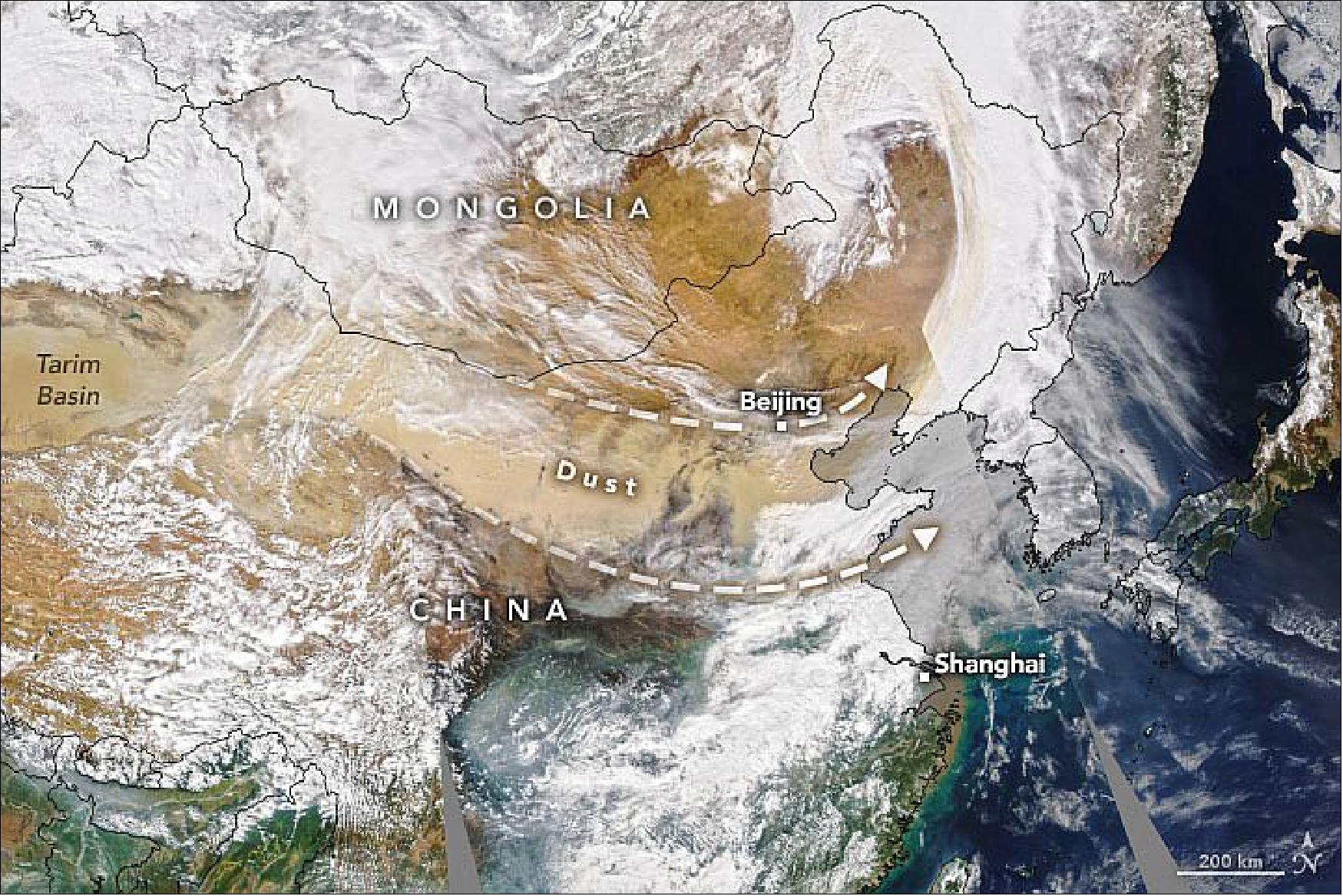 Figure 45: Meteorological spring is just getting underway, and already an enormous plume of sand and dust has blanketed northern China. The dust is visible in this natural-color image, acquired on March 15, 2021, with the Moderate Resolution Imaging Spectroradiometer (MODIS) on NASA’s Aqua satellite (image credit: NASA Earth Observatory image by Joshua Stevens, using MODIS data from NASA EOSDIS LANCE and GIBS/Worldview. Text by Kathryn Hansen)