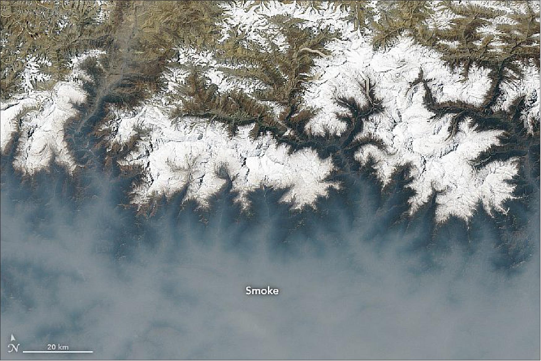 Figure 42: The Operational Land Imager (OLI) on Landsat-8 offered a more detailed view of a smoke pall covering the foothills and valleys near Pokhara on the same day (image credit: NASA Earth Observatory)