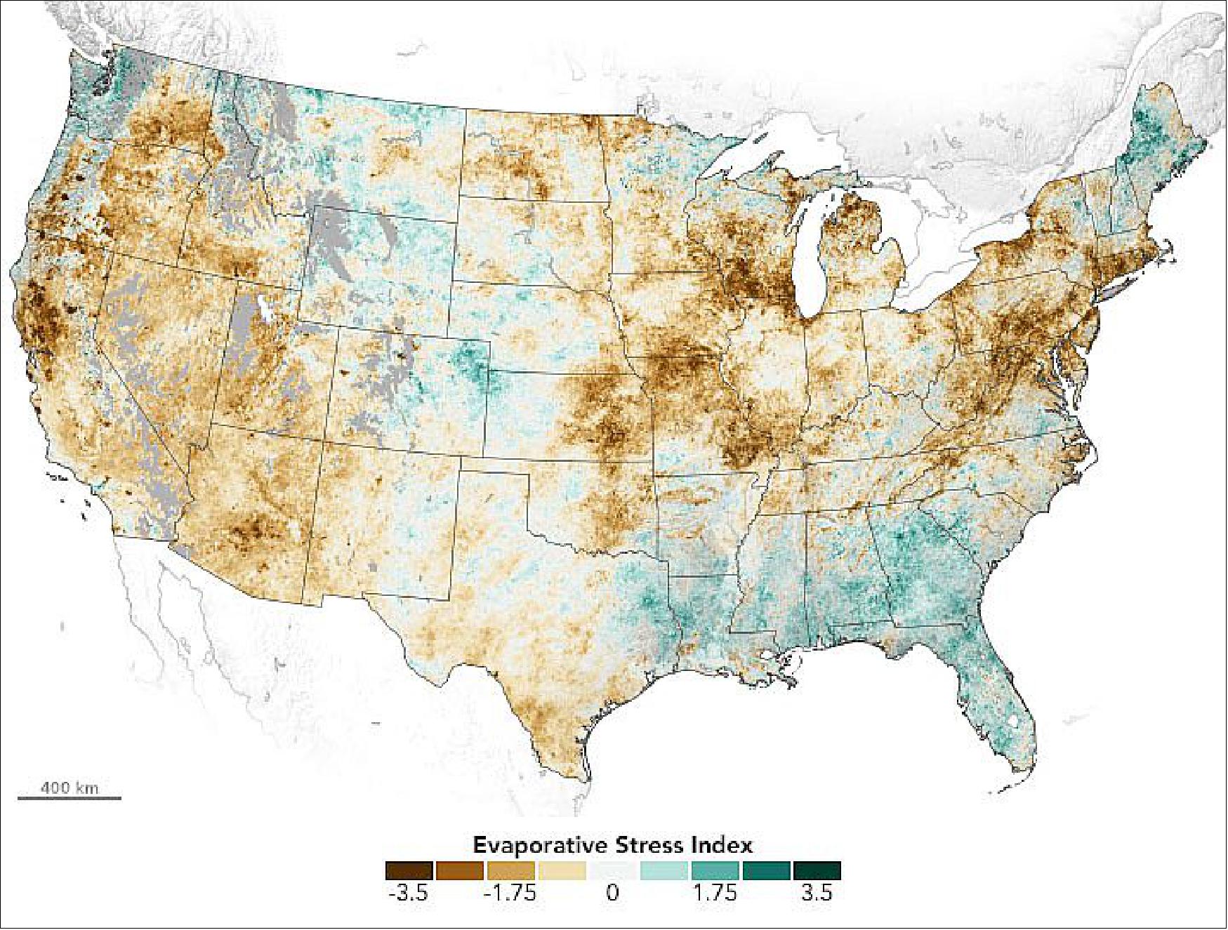 Figure 37: This map provides a measure of the health of vegetation from March 5 to May 28, 2021. The Evaporative Stress Index (ESI) depicts the level of evapotranspiration, or how much and how quickly water is evaporating from the land surface and from the leaves of plants. Measuring evapotranspiration is useful because negative levels can indicate that plants are facing stress even if leaves have not yet wilted or turned brown. ESI data is derived from observations of land surface temperatures from NOAA’s geostationary satellites and of leaf area index from Terra and Aqua. ESI is considered particularly useful for observing “flash drought” and agricultural drought (image credit: NASA Earth Observatory)