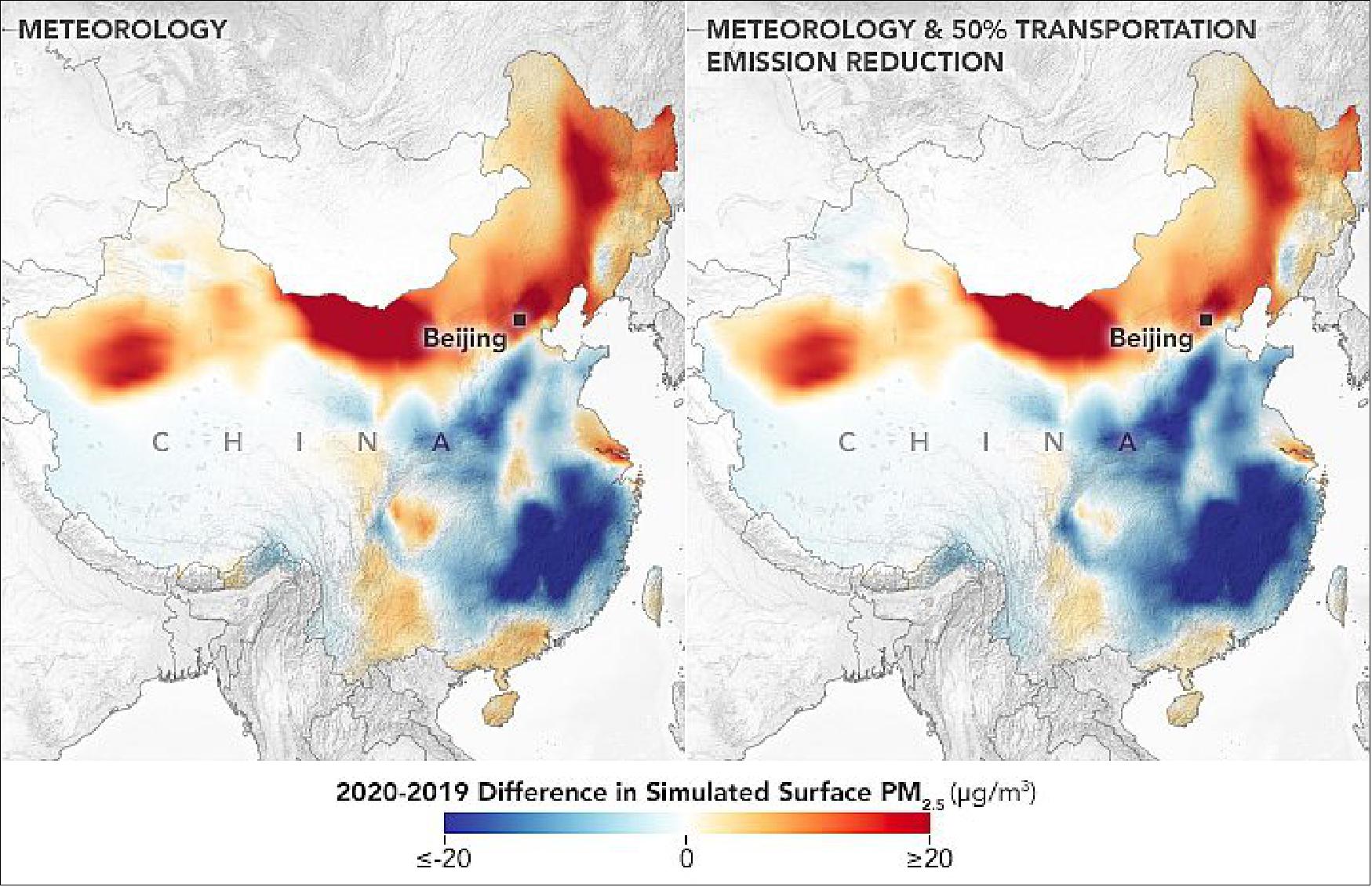 Figure 35: Air pollution in China in February 2019 and in February 2020 (image credit: NASA Earth Observatory)