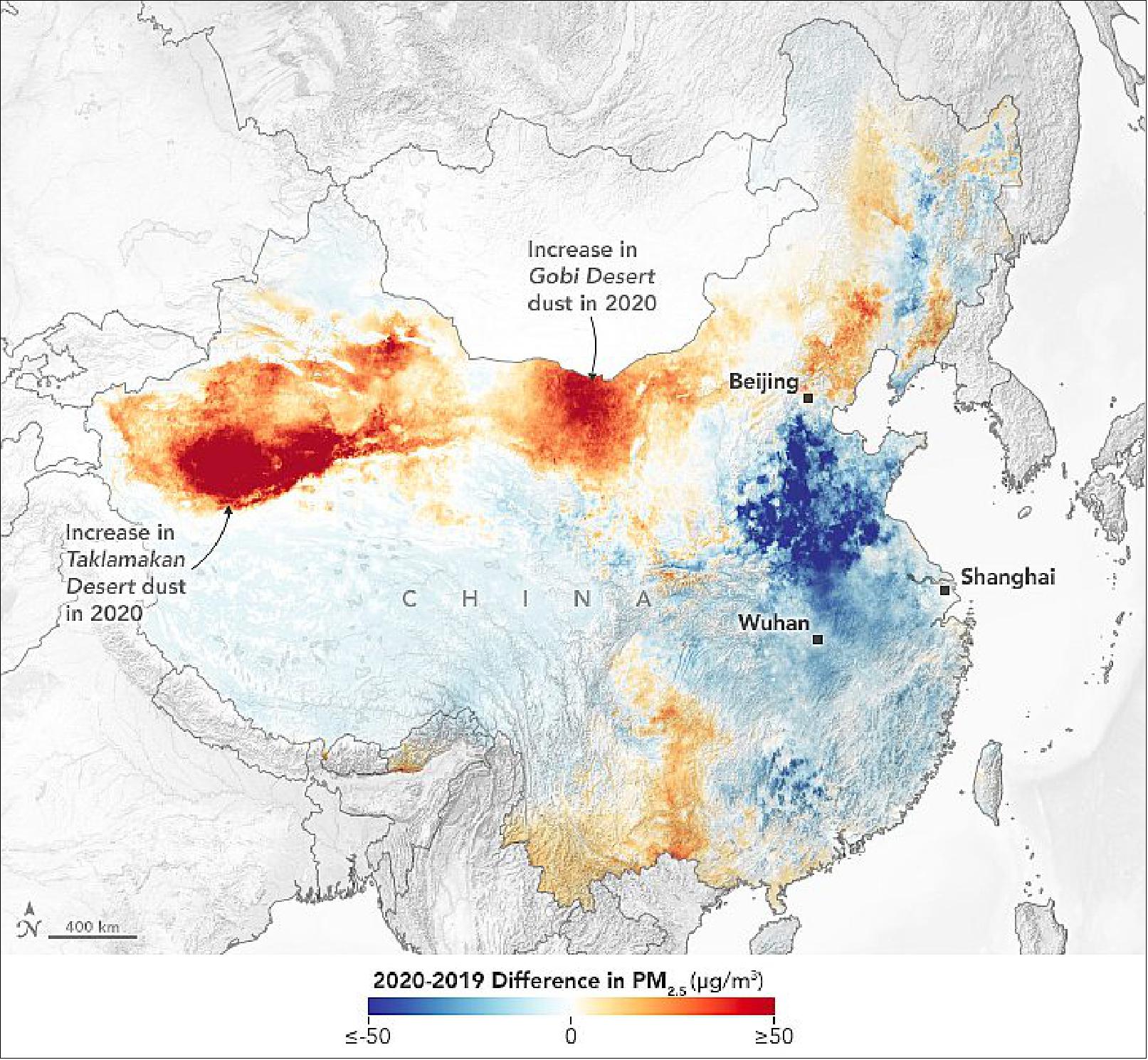 Figure 34: One example is shown on this map, which compares PM2.5 levels across China in February 2020 versus February 2019. Note that although pollution levels dropped significantly in some of the most industrialized parts of China, they were actually higher near China’s desert regions. The pollution mapping effort included data from NASA’s Terra and Aqua satellites, as well as meteorological modeling from the NASA Global Modeling and Assimilation Office. The study was published in June 2021 in the journal Science Advances (image credit: NASA Earth Observatory images by Lauren Dauphin, using data from Hammer, Melanie, et al. (2021). Story by Brandie Jefferson, Washington University in St. Louis, and Roberto Molar Candanosa, NASA’s Earth Science News Team, with Mike Carlowicz.). 23)