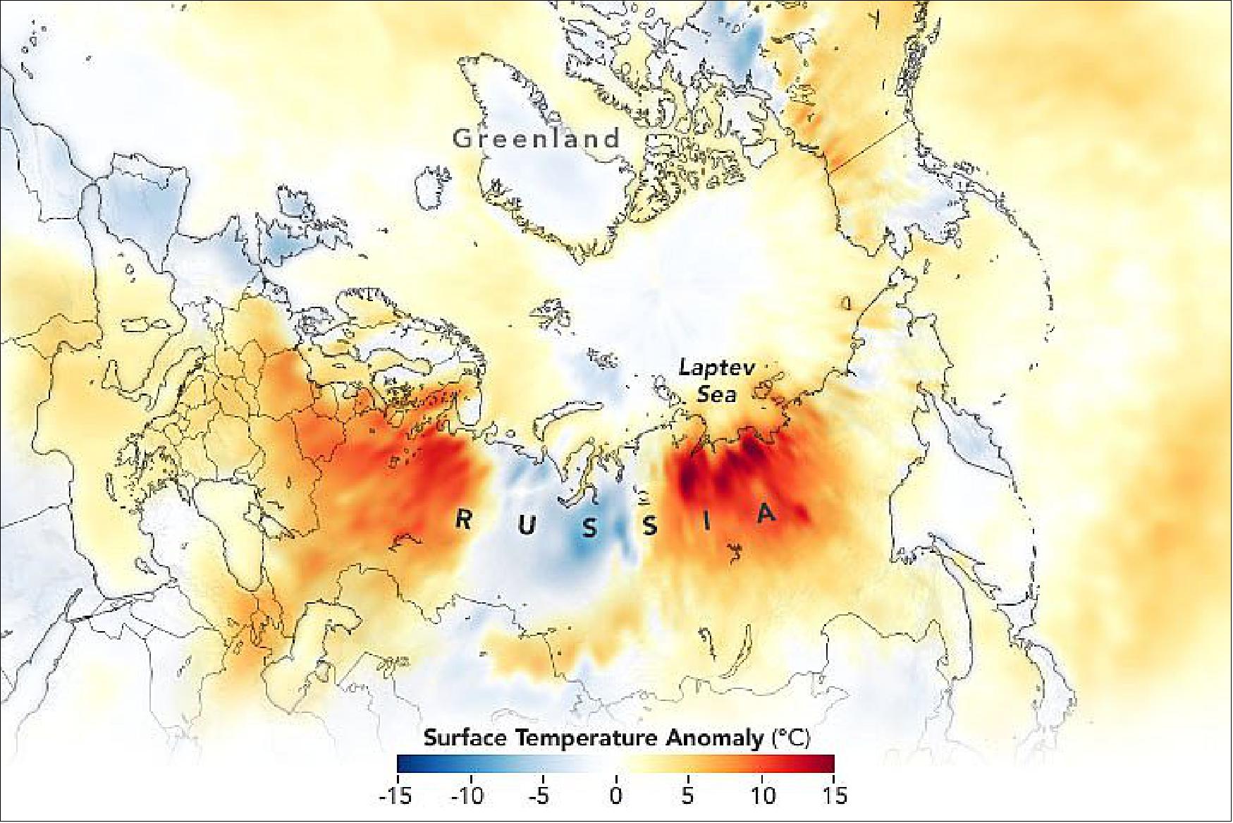 Figure 32: One of the hot spots parked over central and eastern Europe. On June 23, ground stations in Moscow measured an air temperature of 34.8°C (94.6°F)—the city’s hottest June temperature on record. Helsinki, Finland, also saw its hottest June day on record (31.7°C/89.1°F), and national records for the month were set in Belarus (35.7°C/96.3°F) and Estonia (34.6°C/94.3°F), [image credit: NASA Earth Observatory images by Joshua Stevens, using AIRS data from the Goddard Earth Sciences Data and Information Services Center (GES DISC) and data from the National Snow and Ice Data Center. Story by Kathryn Hansen]