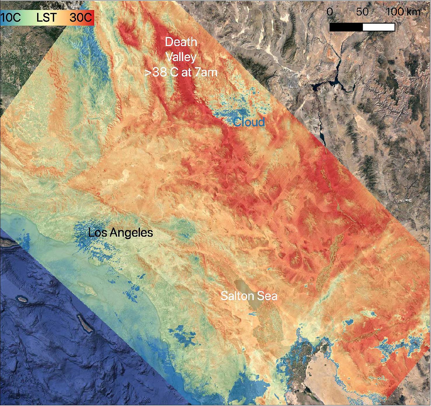 Figure 30: On July 8, 2021, NASA’s ECOSTRESS instrument, aboard the space station captured ground surface temperature data over California. Areas in red – including Death Valley – had surpassed 86 degrees Fahrenheit by 7 a.m. local time, well above average ground surface temperatures for the area (image credit: NASA/JPL-Caltech)