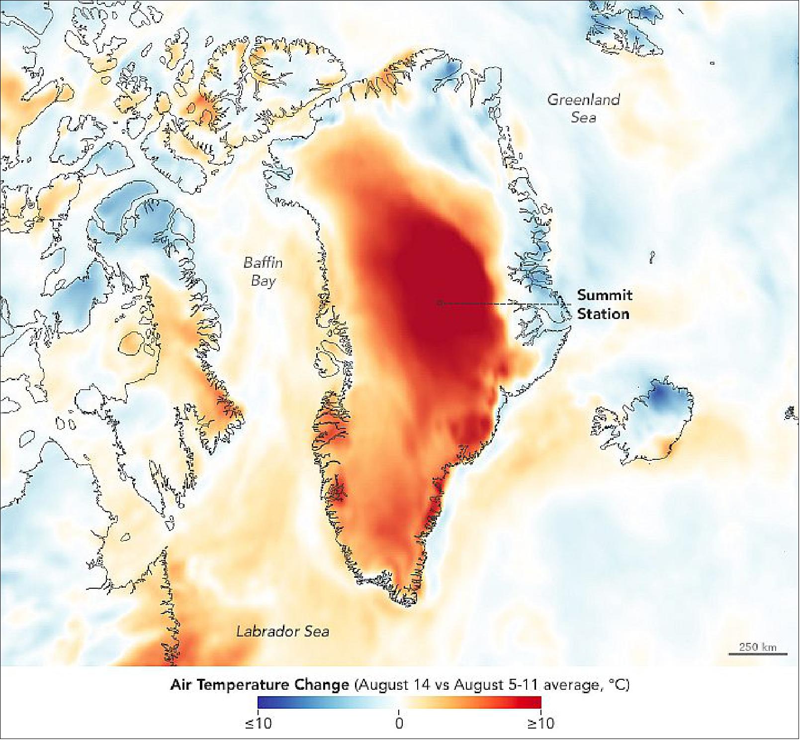 Figure 23: The melting was provoked by warm air that moved over Greenland and produced unusually high temperatures. The map above shows the short-term warm up over Greenland; it depicts how much the air temperature on August 14, 2021, was above or below temperatures from the week before (averaged from August 5 to 11, 2021). The map was derived from the Goddard Earth Observing System (GEOS) model and represents air temperatures at 2 meters (about 6-7 feet) above the ground. Modeled data, which uses mathematical equations that represent physical processes, offer a broad, estimated view of a region where ground-based weather stations are sparse (image credit: NASA Earth Observatory)