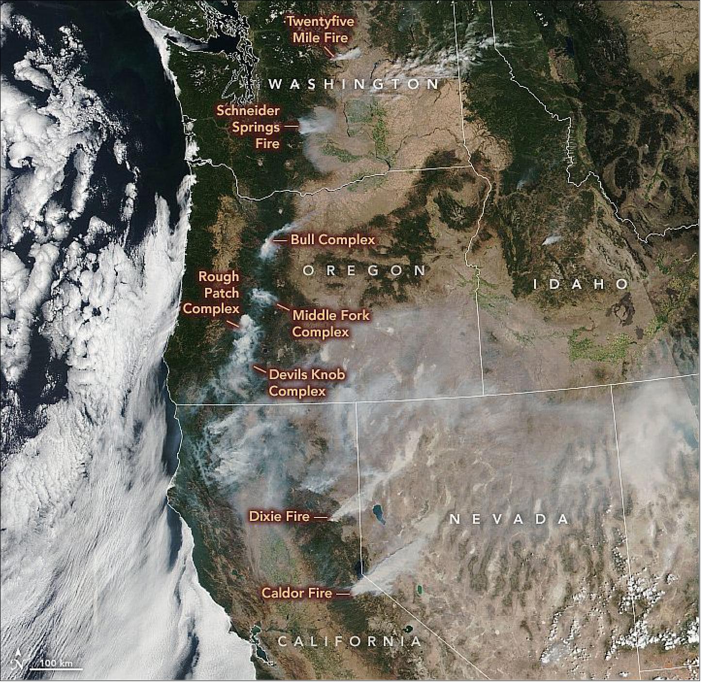 Figure 18: While the Caldor and Dixie fires are the largest, other wildfires are also posing hazards to people, property, and air quality across the U.S. West. On August 29, 2021, the Visible Infrared Imaging Radiometer Suite (VIIRS) on the NOAA-NASA Suomi NPP satellite acquired this image showing the ominous arc of fires across Washington, Oregon, and California (image credit: NASA Earth Observatory)