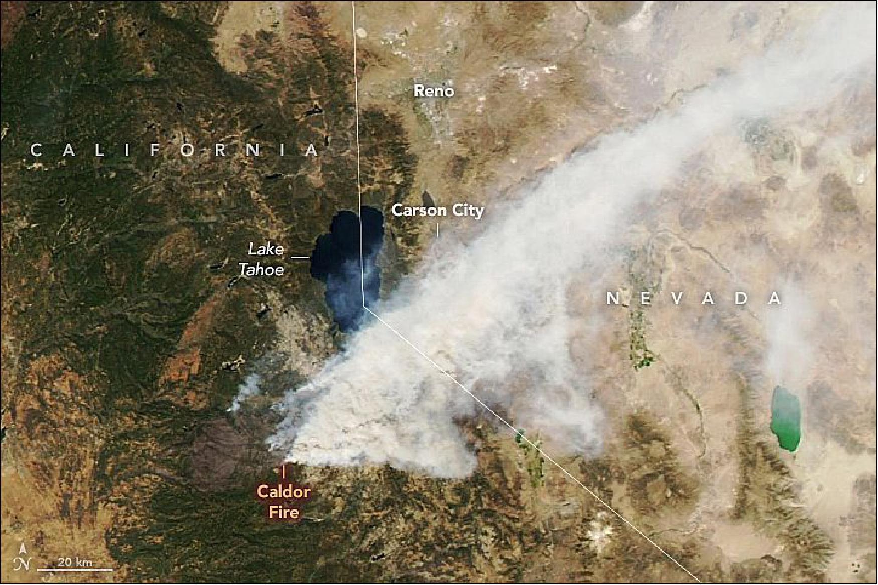 Figure 17: The largest blazes burned in Northern California, most notably the Caldor and Dixie fires, which together have scorched nearly 1 million acres (1,500 square miles) so far. Smoke from the Caldor fire near Lake Tahoe is visible in this image, acquired on the afternoon of August 30, 2021, with the MODIS instrument on NASA’s Aqua satellite. Between ignition on August 14 and the time of the image, the fire had burned more than 170,000 acres. The fire perimeter was 14 percent contained as of August 31 (image credit: NASA Earth Observatory images by Lauren Dauphin, using MODIS data from NASA EOSDIS LANCE and GIBS/Worldview,VIIRS data from NASA EOSDIS LANCE, GIBS/Worldview, and the Suomi National Polar-orbiting Partnership, and Landsat data from the U.S. Geological Survey. Story by Kathryn Hansen)