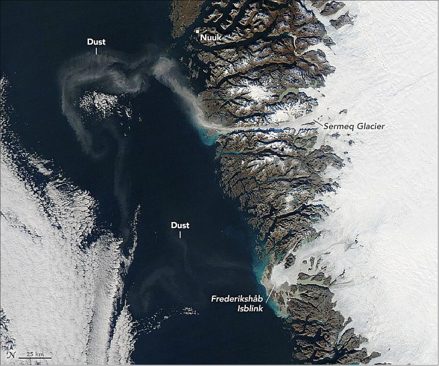 Figure 9: The “dust” in this detail image of VIIRS on Suomi NPP is actually glacial silt or “flour”—the dusty remains of rock that has been ground to powder by flowing glaciers. The material is so fine and lightweight that winds can easily loft it into the air (image credit: NASA Earth Observatory)