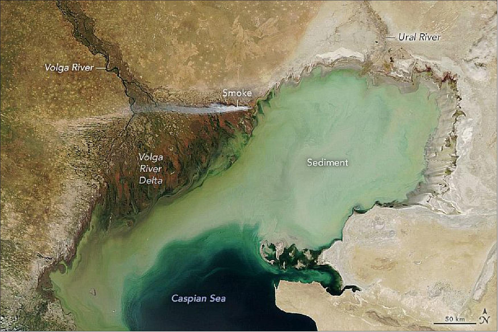 Figure 7: It is likely to be one of the first areas that will dry out if water levels drop as much as some scientists expect. In the case of the Caspian Sea (technically a lake), scientists anticipate rapid declines in water levels in the coming decades and centuries. Radar altimetry data collected by multiple satellites and compiled by NASA's Global Water Monitor indicate that the Caspian's water levels have already been dropping since the mid-1990s (image credit: NASA Earth Observatory image by Lauren Dauphin, using MODIS data from NASA EOSDIS LANCE and GIBS/Worldview. Story by Adam Voiland)