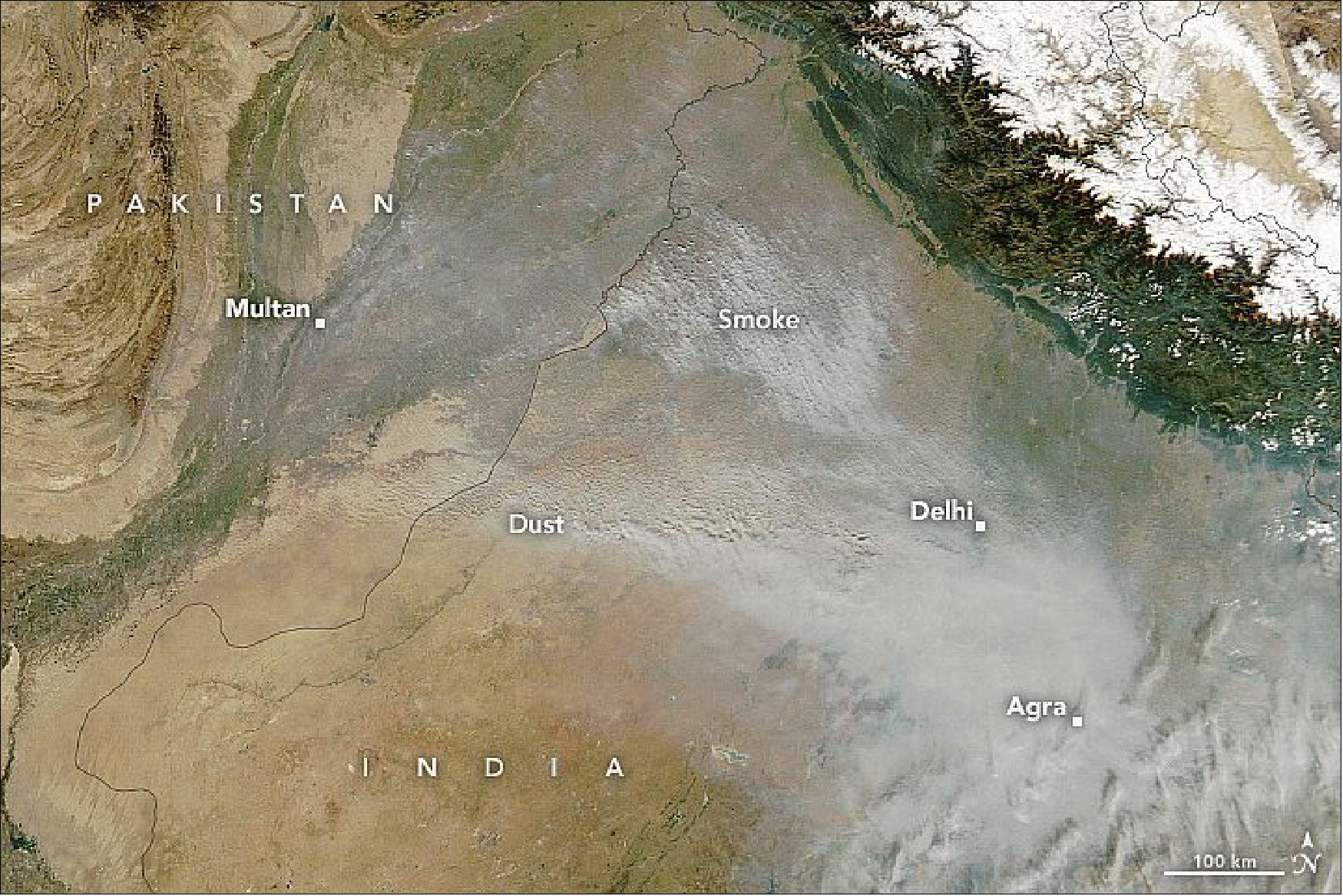 Figure 5: Smoke from crop fires is not the only contributor to the hazy skies. Influxes of dust sometimes arrive from the Thar Desert to the west—as they did on November 12, 2021. An array of other human-caused sources of air pollution in cities, including motor vehicle fumes, industrial and construction activity, fireworks, and fires for heating and cooking also produces particulate matter and other pollutants (image credit: NASA Earth Observatory)