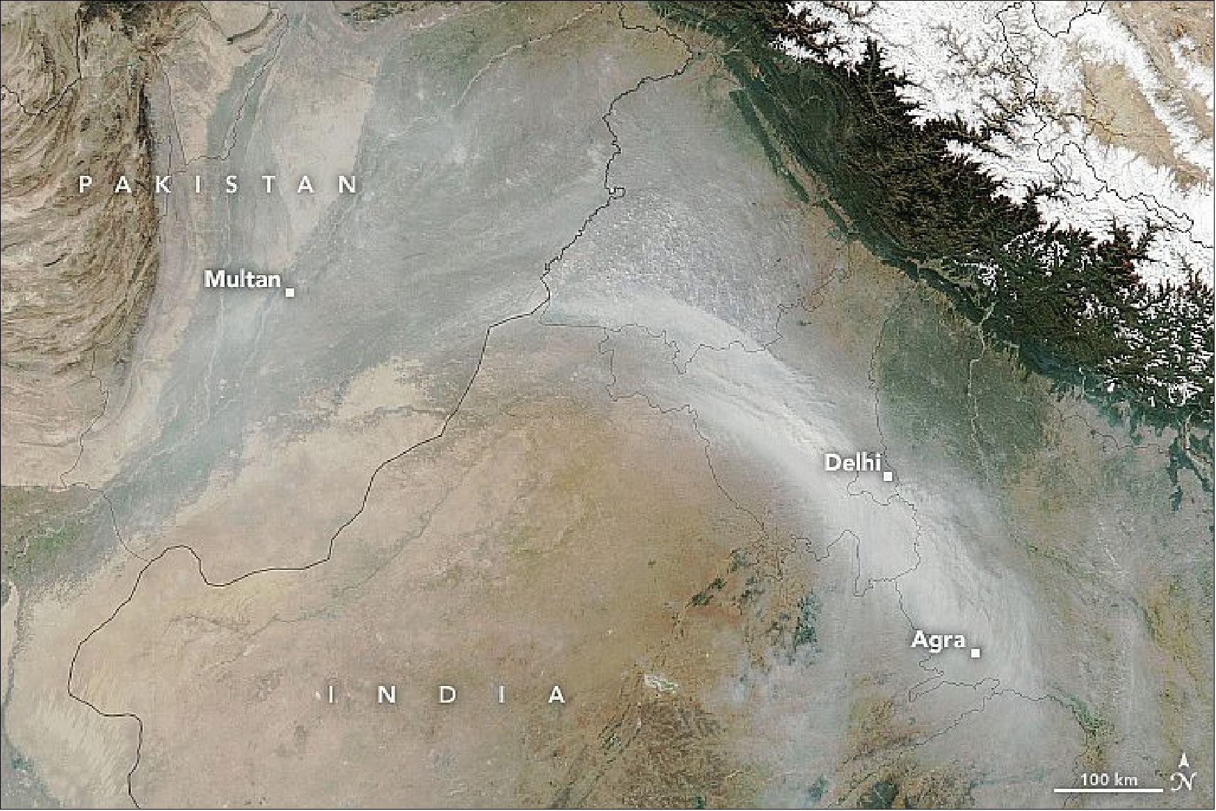 Figure 3: Smoke from crop fires in northern India blanketed the populous city and contributed to soaring levels of air pollution (image credit: NASA Earth Observatory images by Lauren Dauphin, using MODIS data from NASA EOSDIS LANCE and GIBS/Worldview. Story by Adam Voiland)