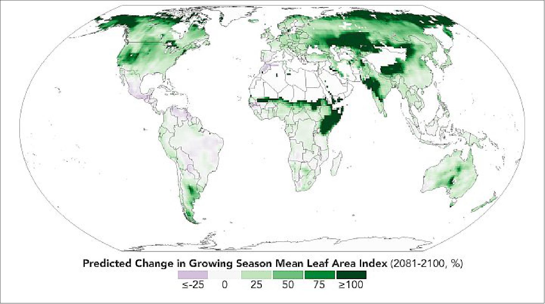 Figure 92: Projected greening effect for the period 2081-2100 (image credit: NASA Earth Observatory, image by Joshua Stevens, using data from Shilong, P., et al. (2020). Story by Kathryn Hansen)