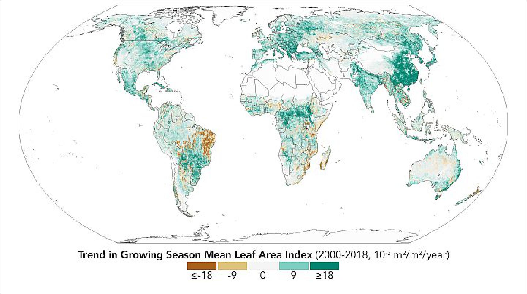 Figure 91: This map shows where greenness increased (green) and decreased (brown) across the planet between 2000 and 2018. Specifically, it shows the trend in the "leaf area index"—the amount of leaf area relative to ground area—during the growing season. The index is computed using data from the MODIS instrument on NASA's Terra and Aqua satellites. White areas are where the land is barren, built upon, or covered with ice, wetlands, or water (image credit: NASA Earth Observatory, image by Joshua Stevens, using data from Shilong, P., et al. (2020). Story by Kathryn Hansen)