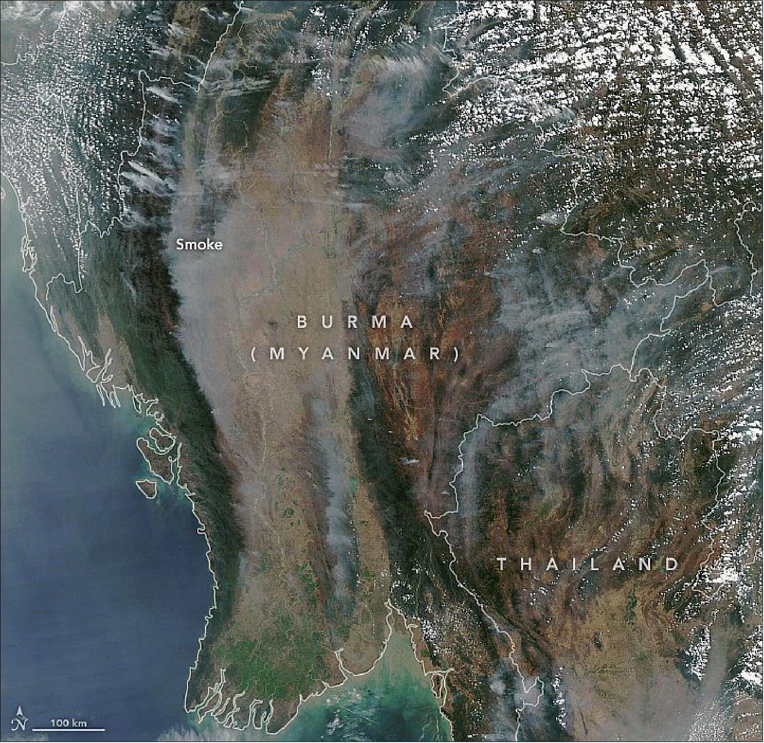 Figure 87: The haze and smoke has resulted in unhealthy levels of air pollution, particularly in Chiang Mai in northern Thailand, which has had the most polluted air in the world several times this month (image credit: NASA Earth Observatory, image by Lauren Dauphin, using MODIS data from NASA EOSDIS/LANCE and GIBS/Worldview. Text by Kasha Patel)