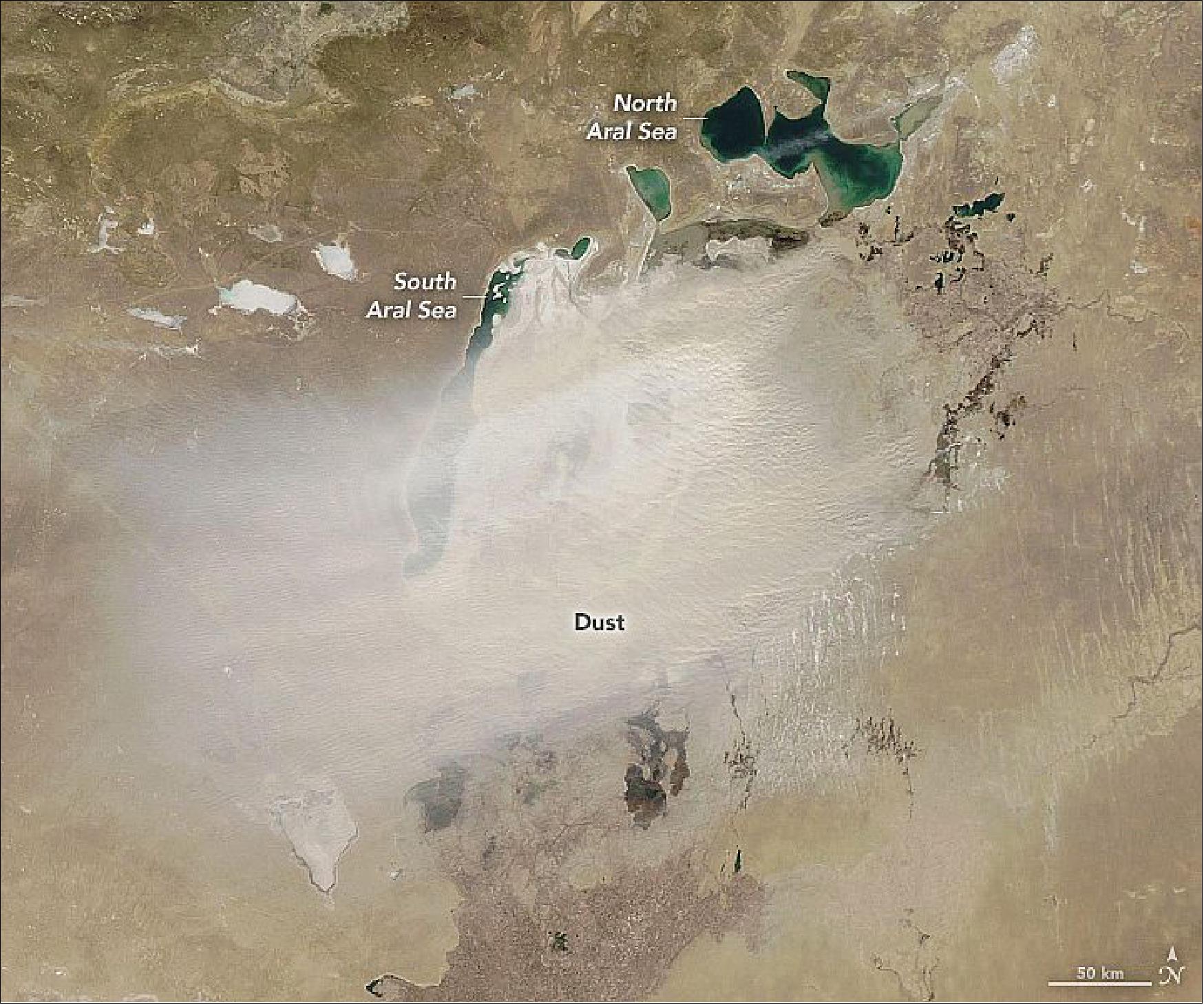 Figure 85: On March 24, 2020, the Moderate Resolution Imaging Spectroradiometer (MODIS) on NASA's Aqua satellite captured this natural-color image of a dust storm over the once-vast inland lake. Much of the dust appeared to be coming from the Aralkum Desert, which has emerged as the Aral Sea has dried in recent decades. Dried lake beds are abundant sources of atmospheric dust because they are filled with light, fine-grained sediment that winds can easily lift (image credit: NASA Earth Observatory, image by Lauren Dauphin, using MODIS data from NASA EOSDIS/LANCE and GIBS/Worldview. Story by Adam Voiland)