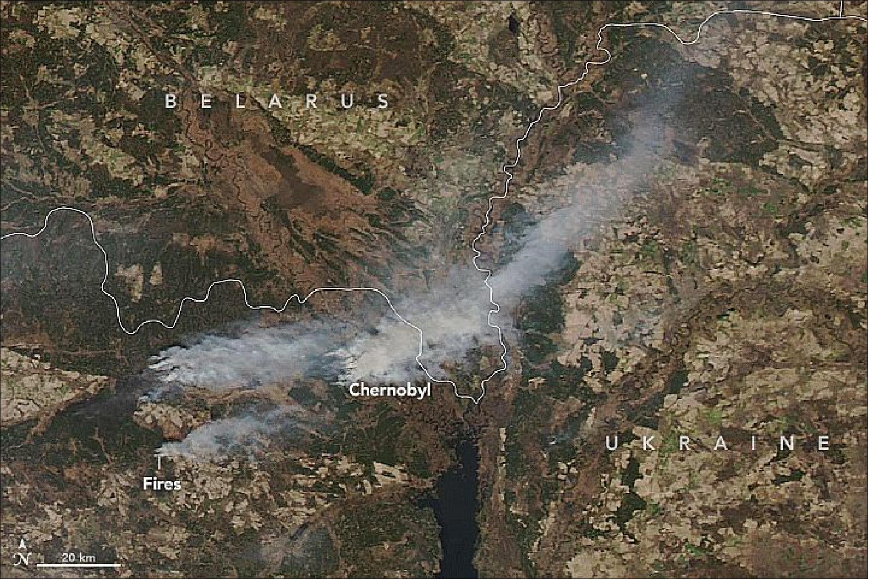 Figure 84: The natural-color image shows the fires on April 9, as observed by the Moderate Resolution Imaging Spectroradiometer (MODIS) on NASA's Aqua satellite. Forecasts called for winds to blow the plumes of smoke toward the Chernihiv region and the border with Belarus (image credit: NASA Earth Observatory, image by Lauren Dauphin, using MODIS data from NASA EOSDIS/LANCE and GIBS/Worldview. Story by Kasha Patel)