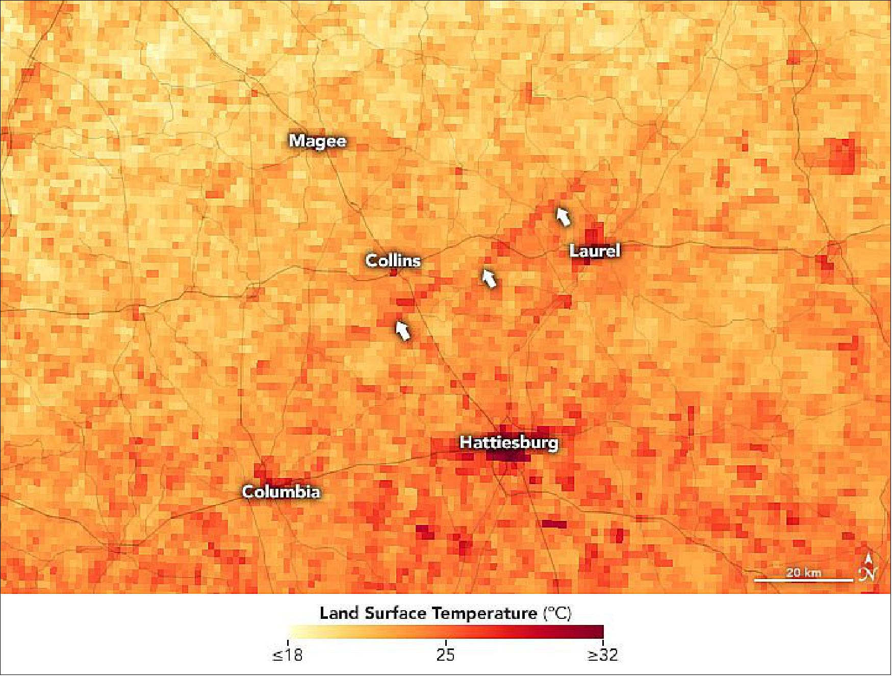 Figure 83: The signature of the scar is also apparent in this image, which shows land surface temperature data also acquired by Aqua MODIS. Damaged areas appear warmer than the surrounding landscape because bare ground heats up faster than vegetated areas (A similar phenomenon was observed in 2018 in the damage associated with hail storms), image credit: NASA Earth Observatory