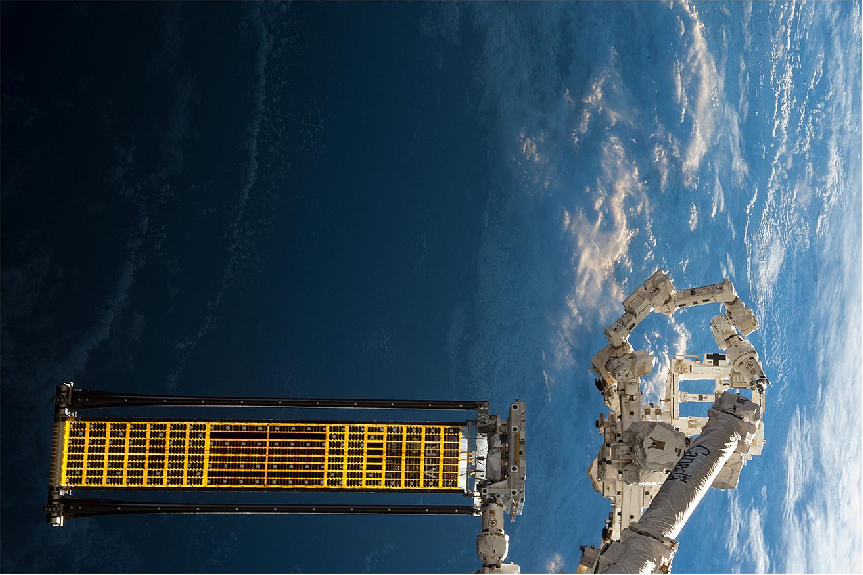 Figure 8: AFRL's ROSA (Roll-Out Solar Array) developed in partnership with Deployable Space Systems in flight-testing on the International Space Station. ROSA offers scalable solar power array technology from hundreds of watts to the megawatt range (photo credit: NASA)