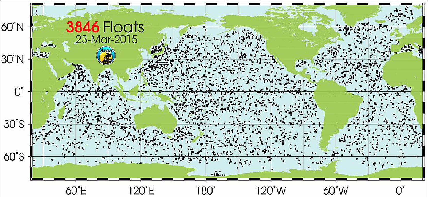 Figure 14: Positions of the floats that have delivered data within the last 30 days in March 2015 [image credit: AIC (Argo Information Center), USCD]