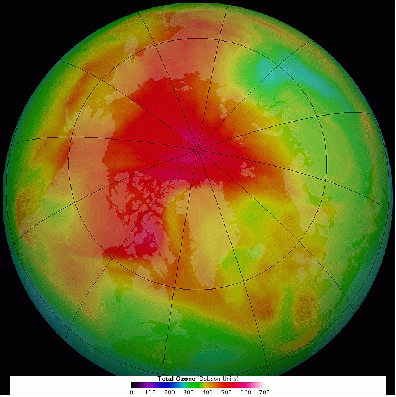 Figure 48: OMI map of Arctic ozone in spring acquired on April 1, 2014 (image credit: NASA Earth Observatory)