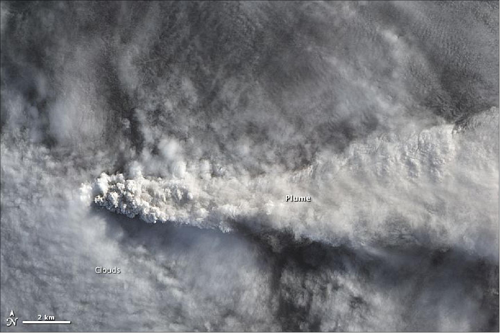 Figure 46: The natural color image, acquired on April 25, 2015 by the ALI (Advanced Land Imager) instrument on NASA’s EO-1 (Earth Observing-1) satellite, shows Calbuco’s plume rising above the cloud deck over Chile (image credit: NASA, EO-1 team)