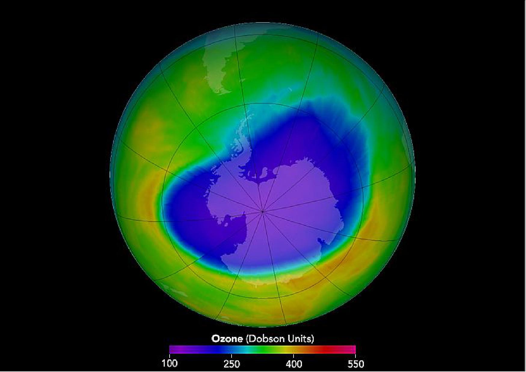 Figure 43: Image of the Antarctic Ozone Hole acquired with OMI on Aura on October 1, 2016 (image credit: NASA Earth Observatory, Aura OMI science team)