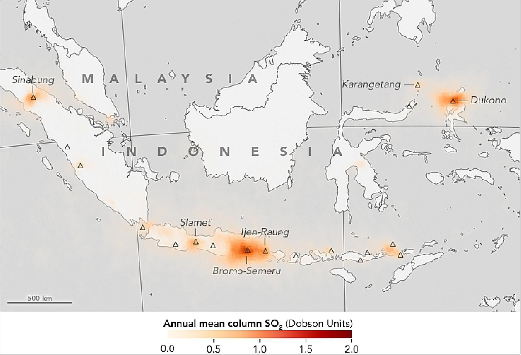 Figure 42: Mean SO2 columns acquired with OMI (Ozone Monitoring Instrument) on NASA's Aura satellite during the period 2014-2016 over the Indonesian Islands (image credit: NASA Earth Observatory, maps created by Jesse Allen using OMI data provided by Chris McLinden, caption by Allison Mills)
