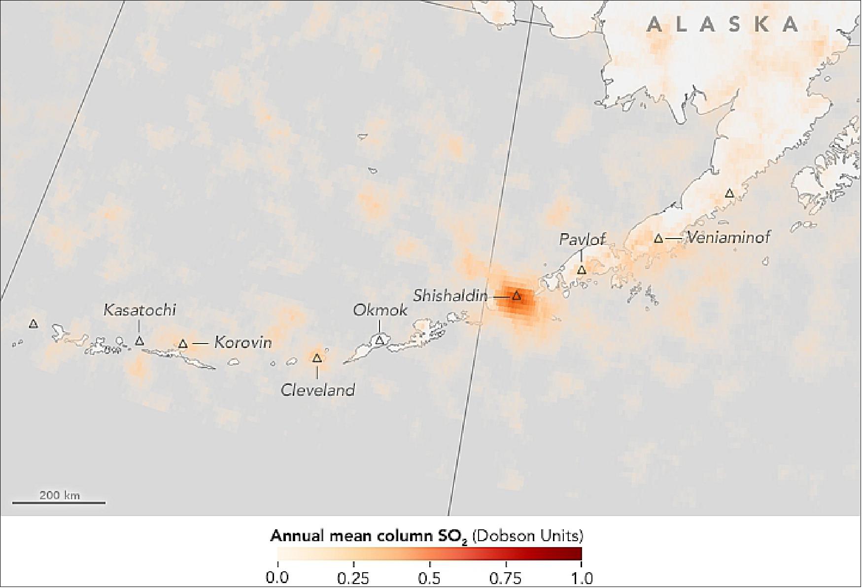 Figure 41: Mean SO2 columns (in Dobson Units [DU]; 1 DU = 2.69 x 1016 molecules cm-2) acquired with OMI (Ozone Monitoring Instrument) on NASA's Aura satellite during the period 2014-2016 over the Aleutian Islands (image credit: NASA Earth Observatory, maps created by Jesse Allen using OMI data provided by Chris McLinden, caption by Allison Mills)