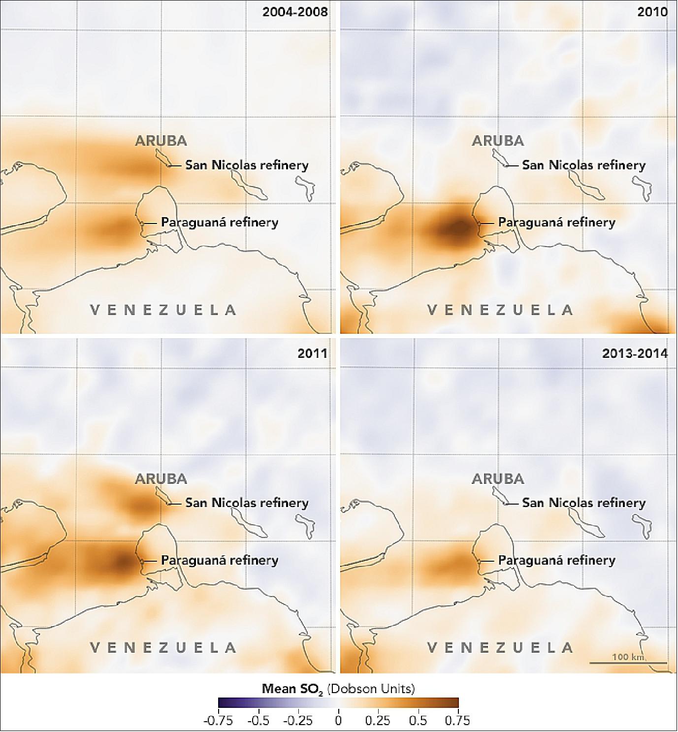 Figure 39: Plots of SO2 emissions acquired with OMI on Aura in various time slots over Aruba and Venezuela (image credit: NASA Earth Observatory, images by Joshua Stevens, using emissions data courtesy of Fioletov, Vitali E., et al. (2017))