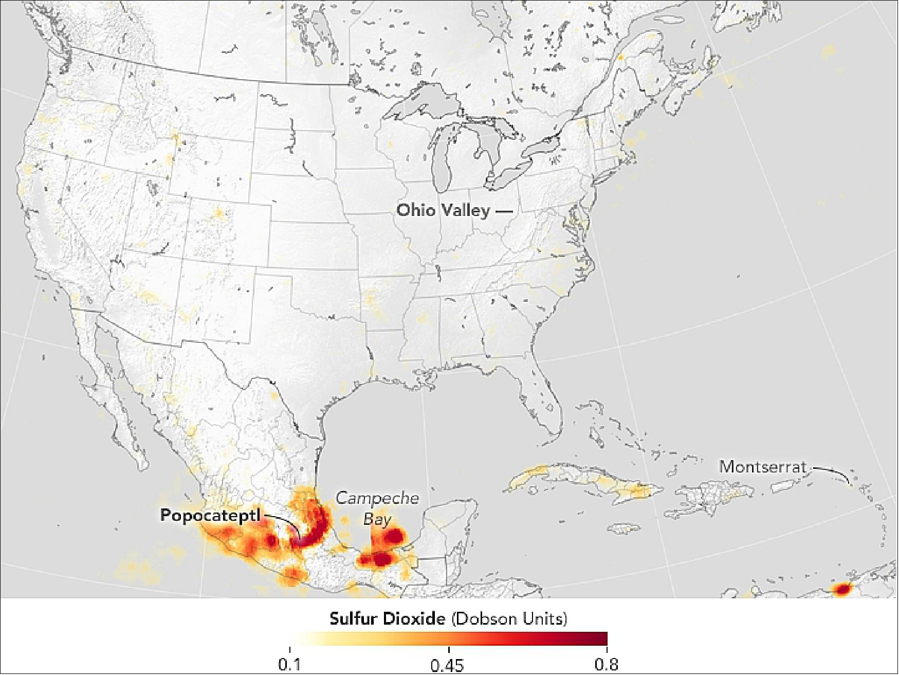 Figure 38: Sulfur Dioxide emissions in North America observed by OMI on NASA's Aura satellite in 2016 (image credit: NASA Earth Observatory, image by Jesse Allen, story by Adam Voiland)