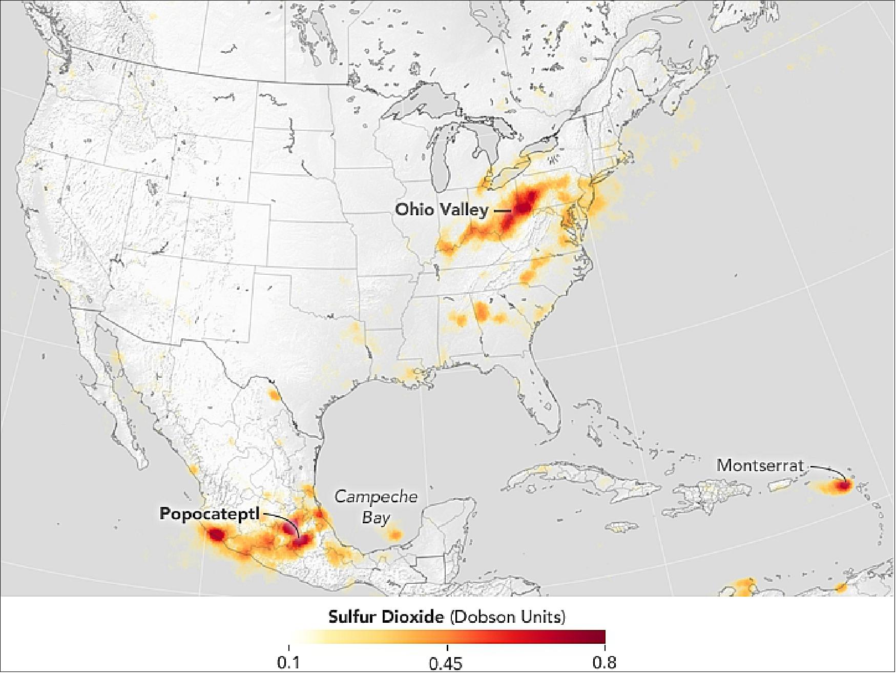 Figure 37: Sulfur Dioxide emissions in North America observed by OMI on NASA's Aura satellite in 2005 (image credit: NASA Earth Observatory, image by Jesse Allen, story by Adam Voiland)