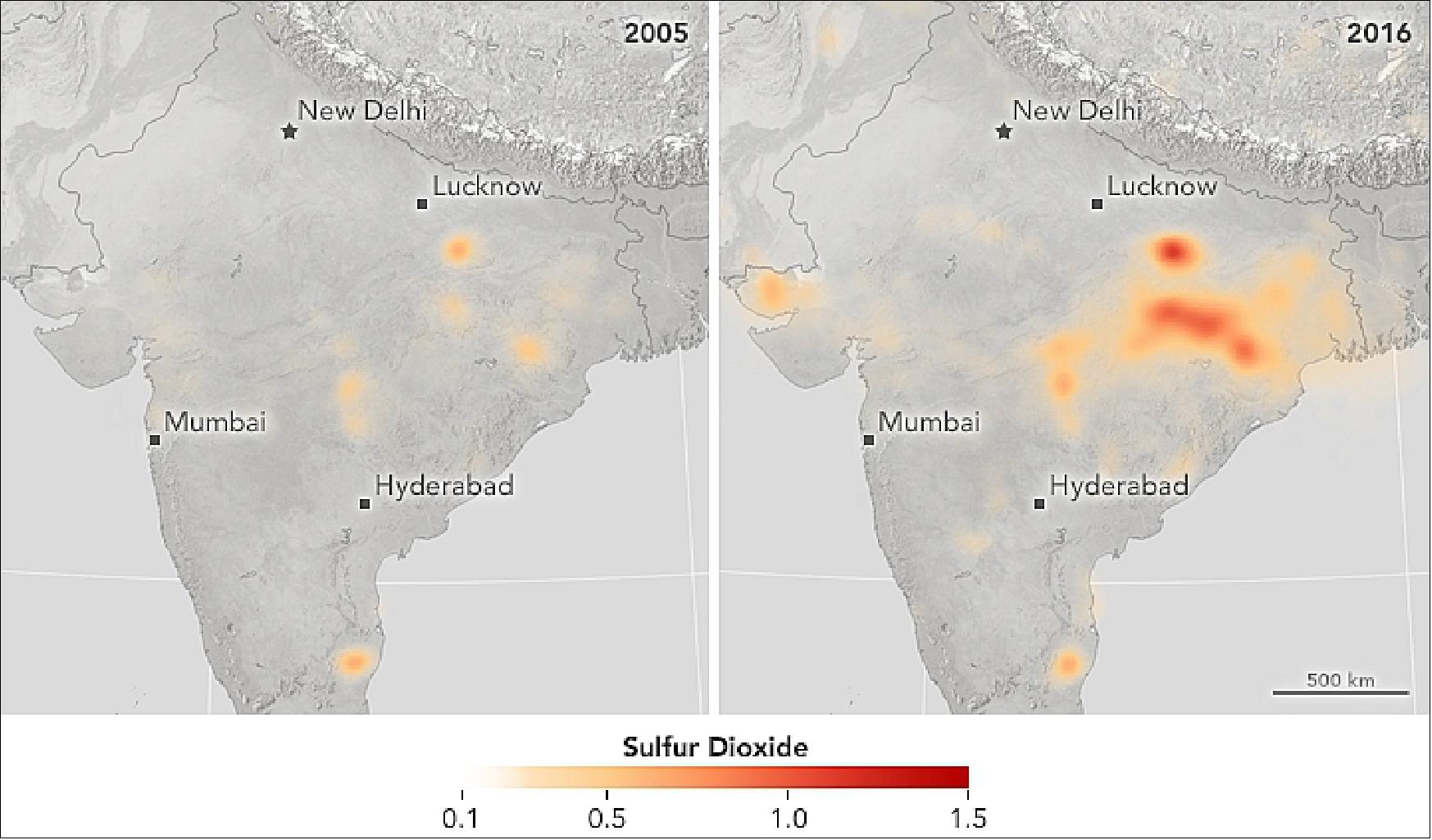 Figure 33: Changes in SO2 observations over India between 2005 and 2016 with OMI on Aura of NASA, expressed in Dobson Units (1 DU = 2.69 x 1016 molecules cm-2). The values are yearly averages of SO2 concentrations [image credit: NASA Earth Observatory, images by Jesse Allen, using OMI data courtesy of Chris McLinden (Environment Canada), story by Irene Ying (University of Maryland), with Mike Carlowicz (NASA Earth Observatory)]