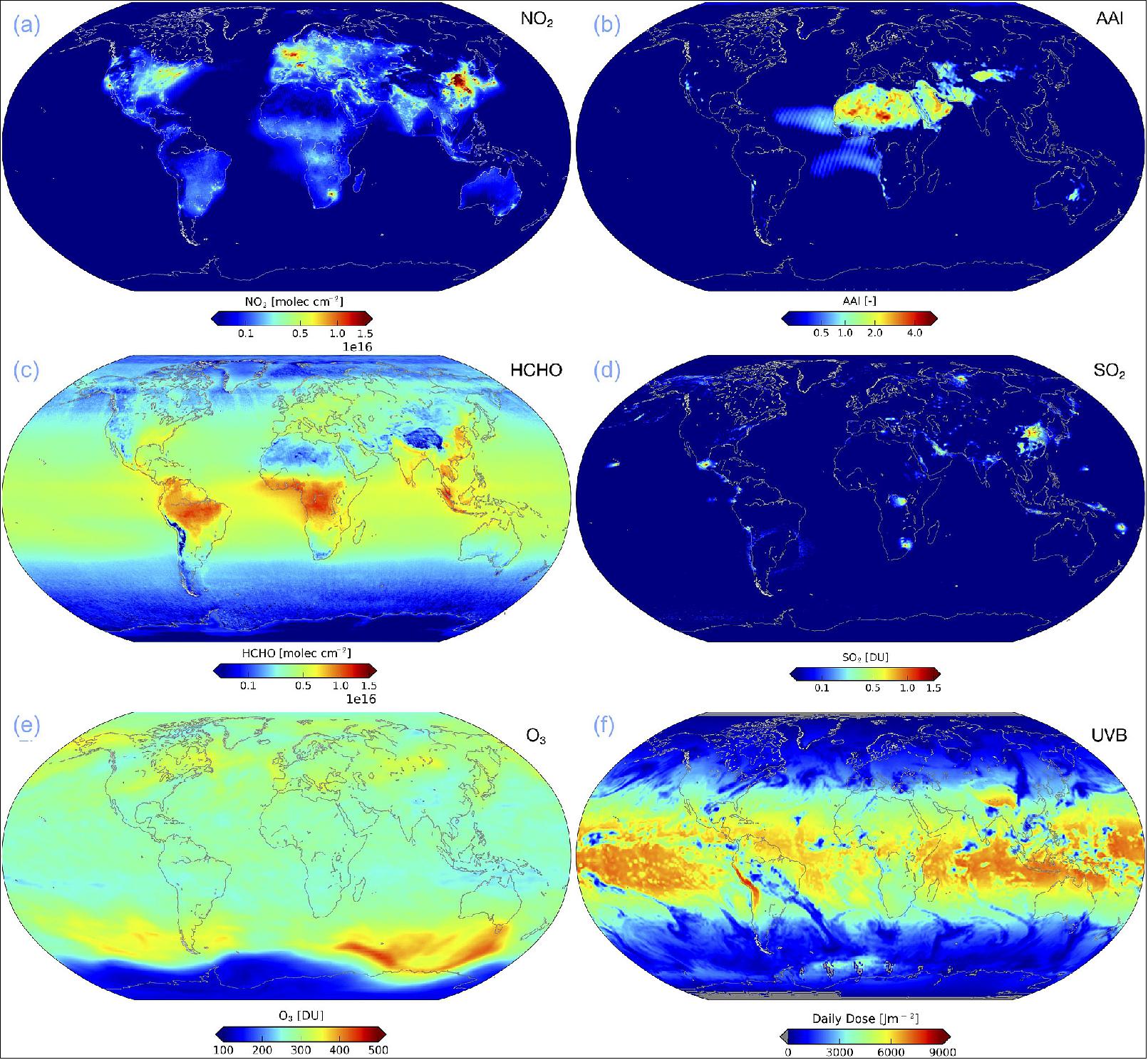 Figure 29: OMI mission averages (2004–2016) for NO2 (a), absorbing aerosol index (AAI; b), HCHO (c), and SO2 (d). Total ozone column (O3; e) and surface UVB amount (f) are shown for 24 September 2006, the day with a record size ozone hole (image credit: OMI study team, Ref. 28)