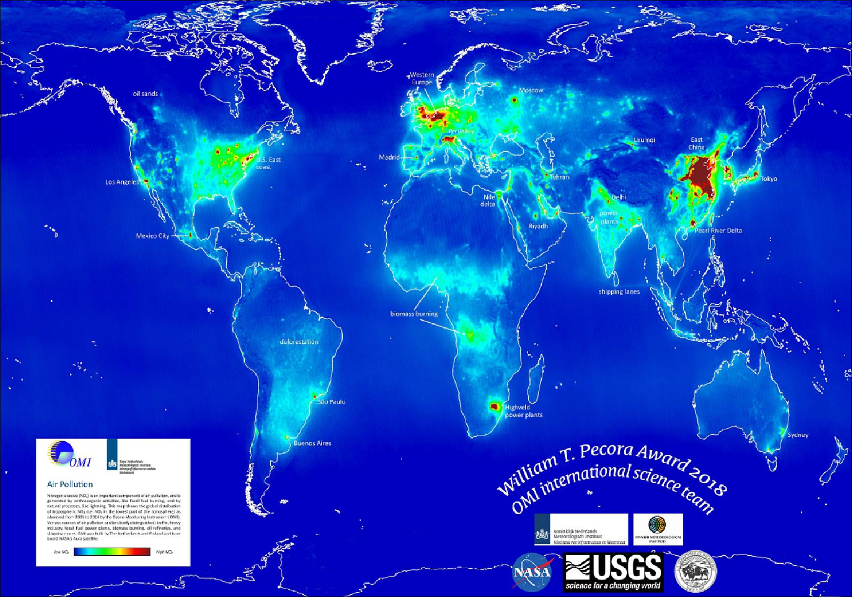 Figure 26: Global map of 2005-2014 OMI tropospheric column NO2 with scale ranging from low (blue) to high NO2 (red) values. Sources of NO2 are indicated on the map such as highly populated areas, shipping lanes, power plants, oil & gas operations, and biomass burning (image credit: KNMI) 25)
