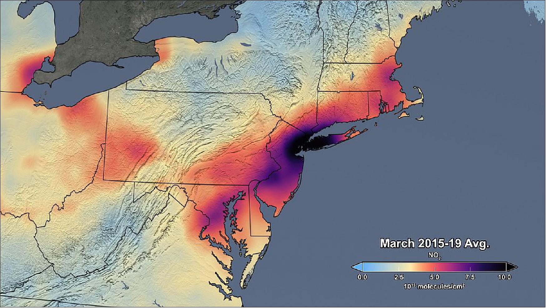 Figure 19: This image shows the average tropospheric NO2 concentration in March of 2015-2019 over the Northeast USA as measured with OMI on NASA's Aura satellite (image credit: NASA)